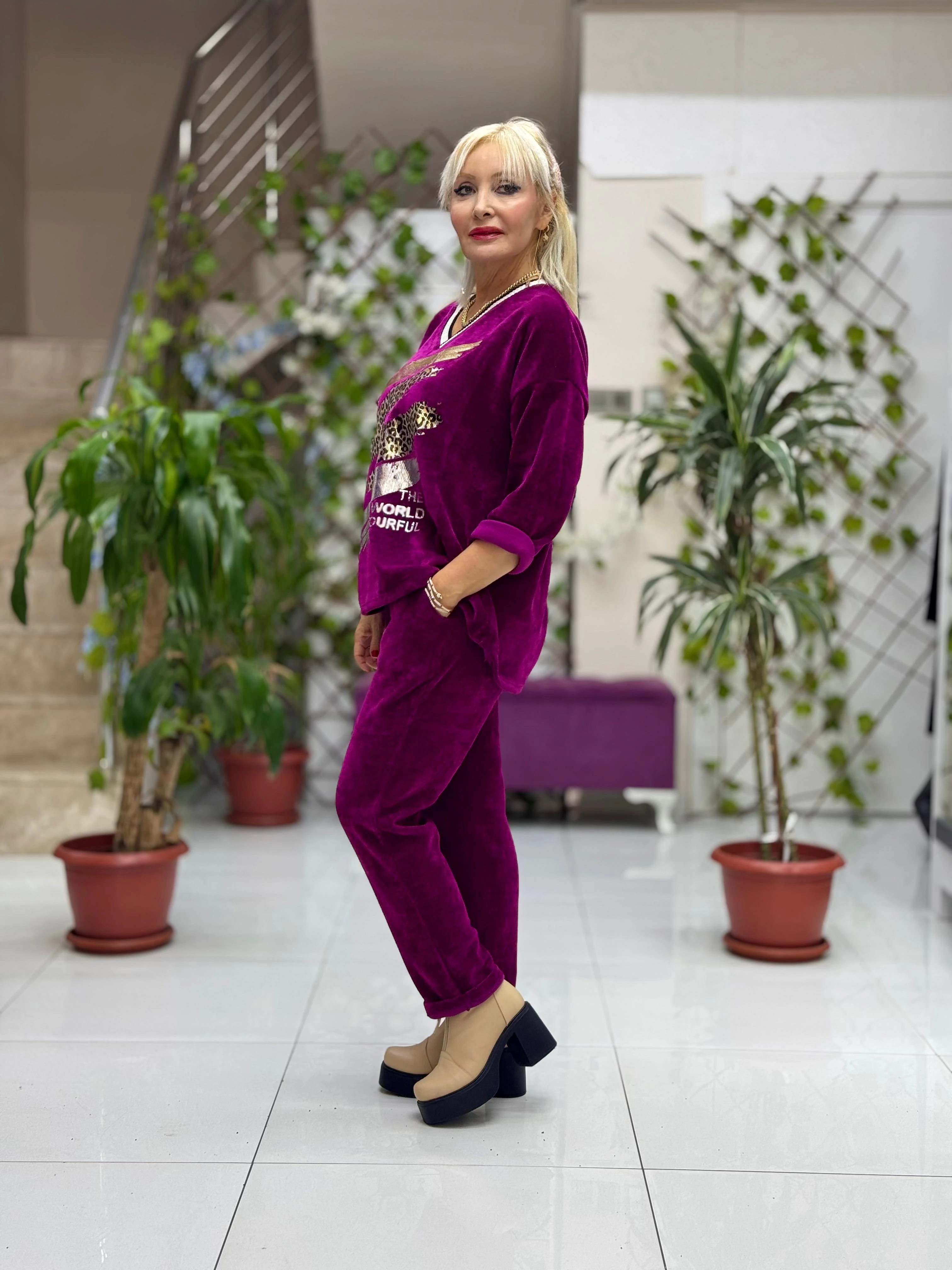 NC24155 Leopar Baskılı İtalyan Kadife Takım Eflatun