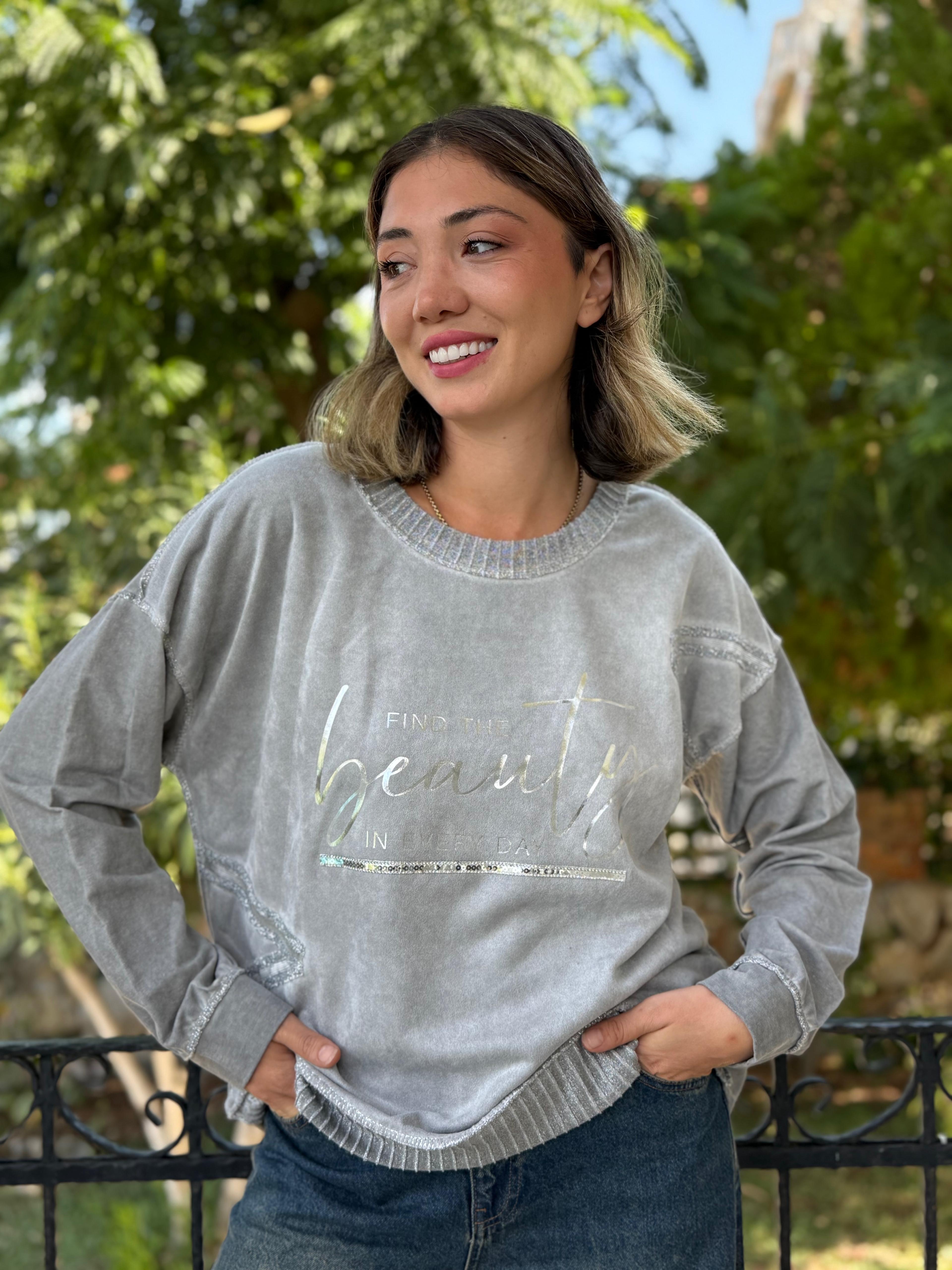 NC50793 İtalyan Beauty Yazılı Coton Sweatshirt Gri