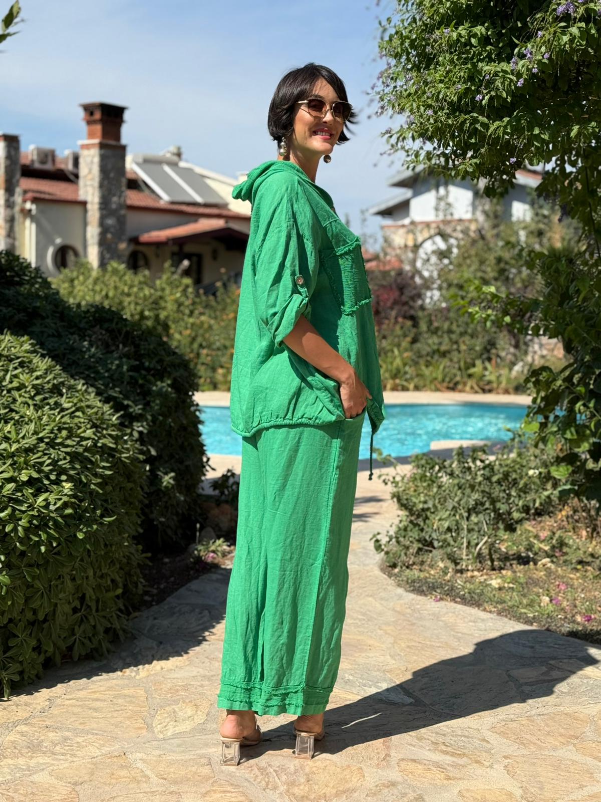 PT2256 İtalyan Önü Cepli Kapüşonlu Keten Takım Zümrüt