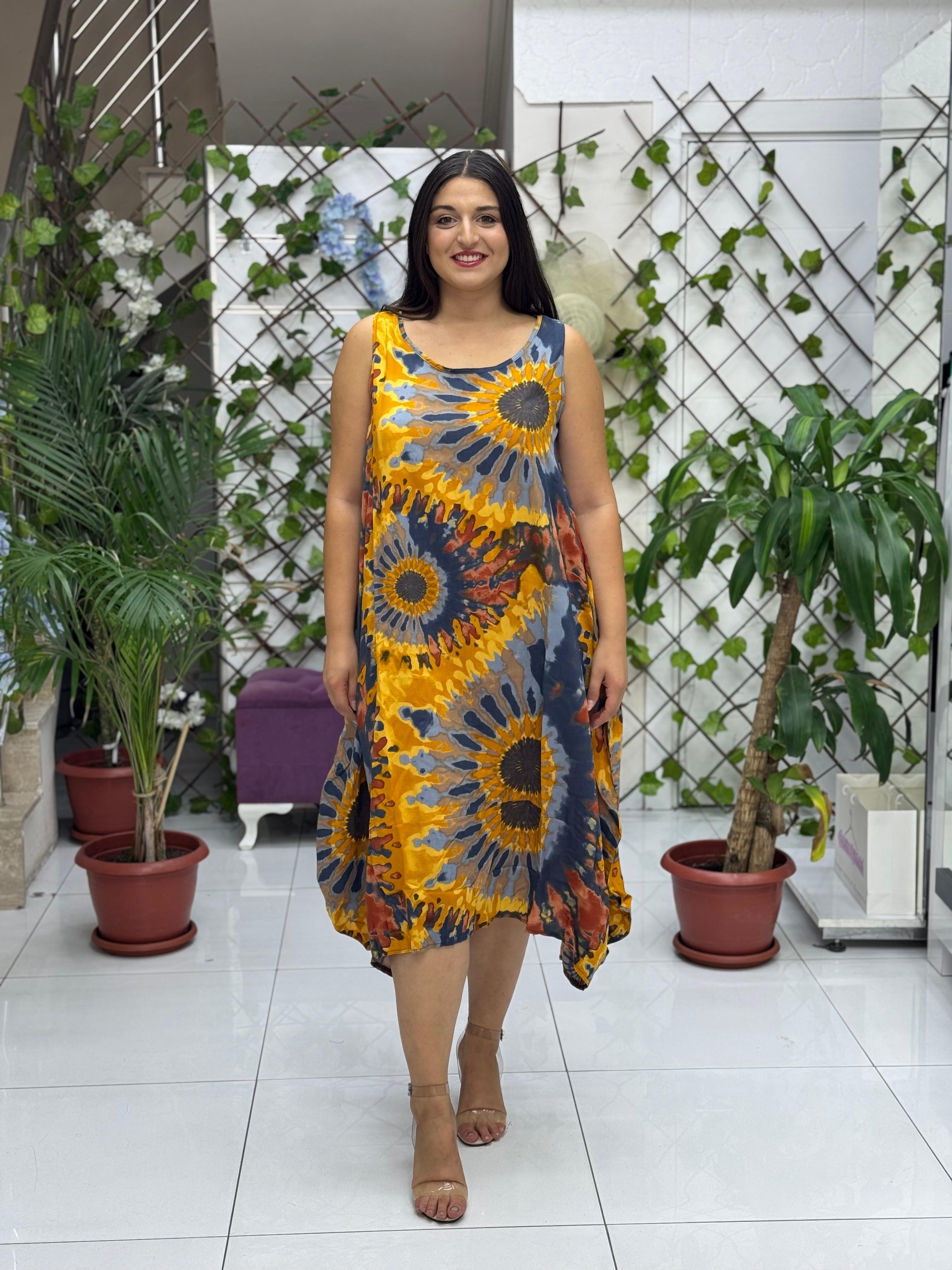 BD13303 Viskon Kolsuz Bodrum Batikli Elbise