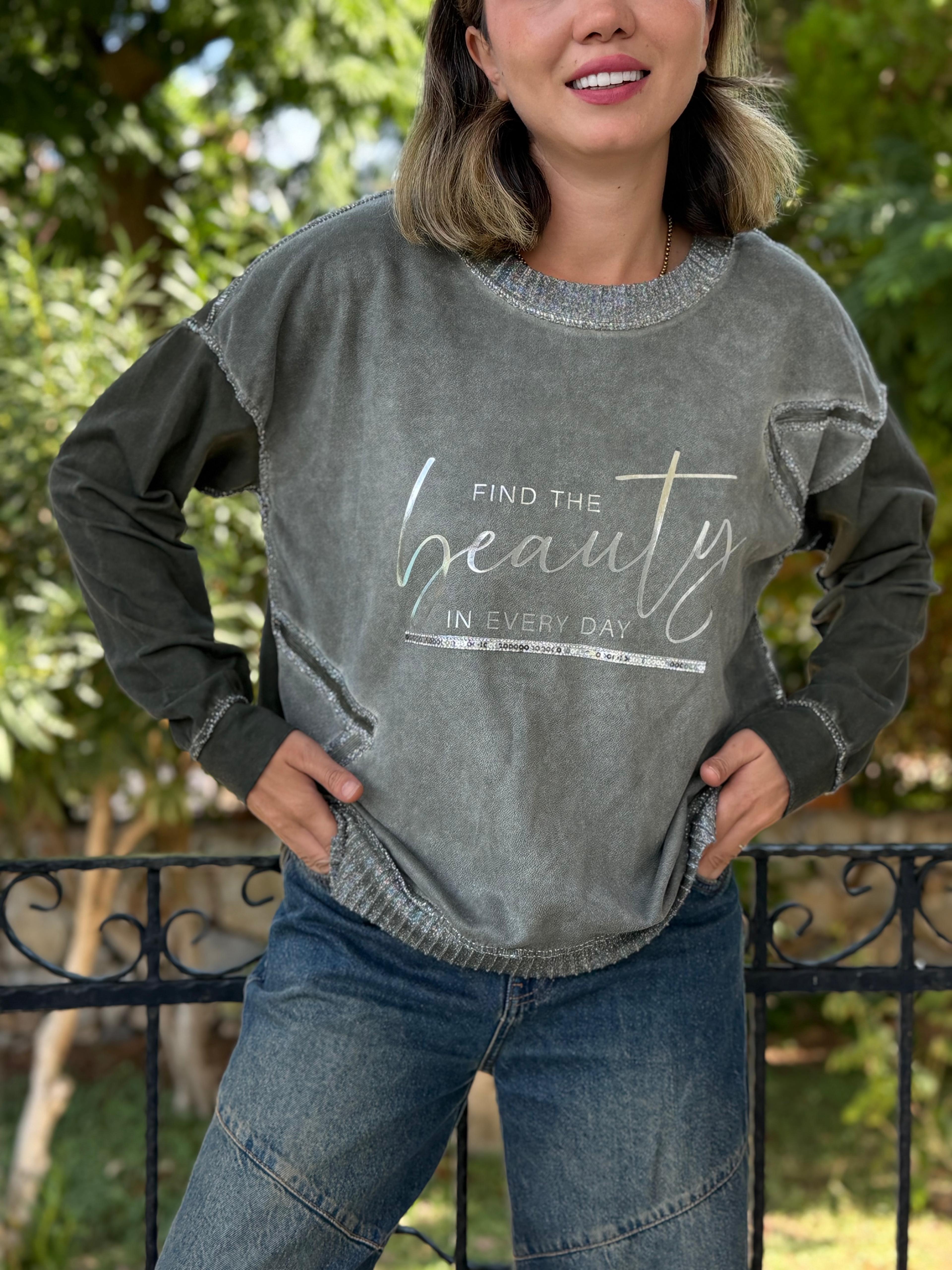 NC50793 İtalyan Beauty Yazılı Coton Sweatshirt Haki