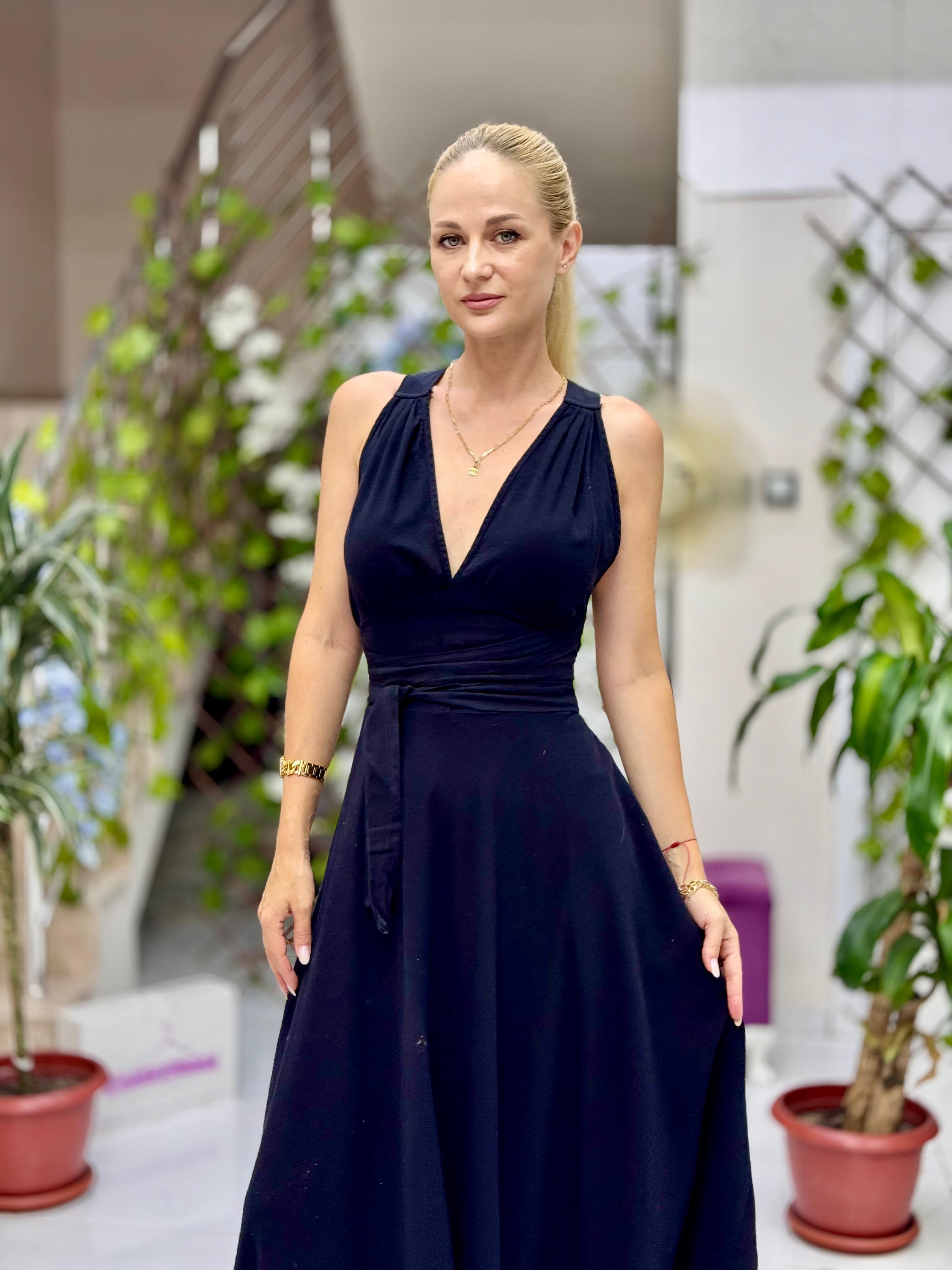 PT25071 Omuz Bağlamalı Belden Kuşaklı Sırtı Açık Coton Elbise Siyah