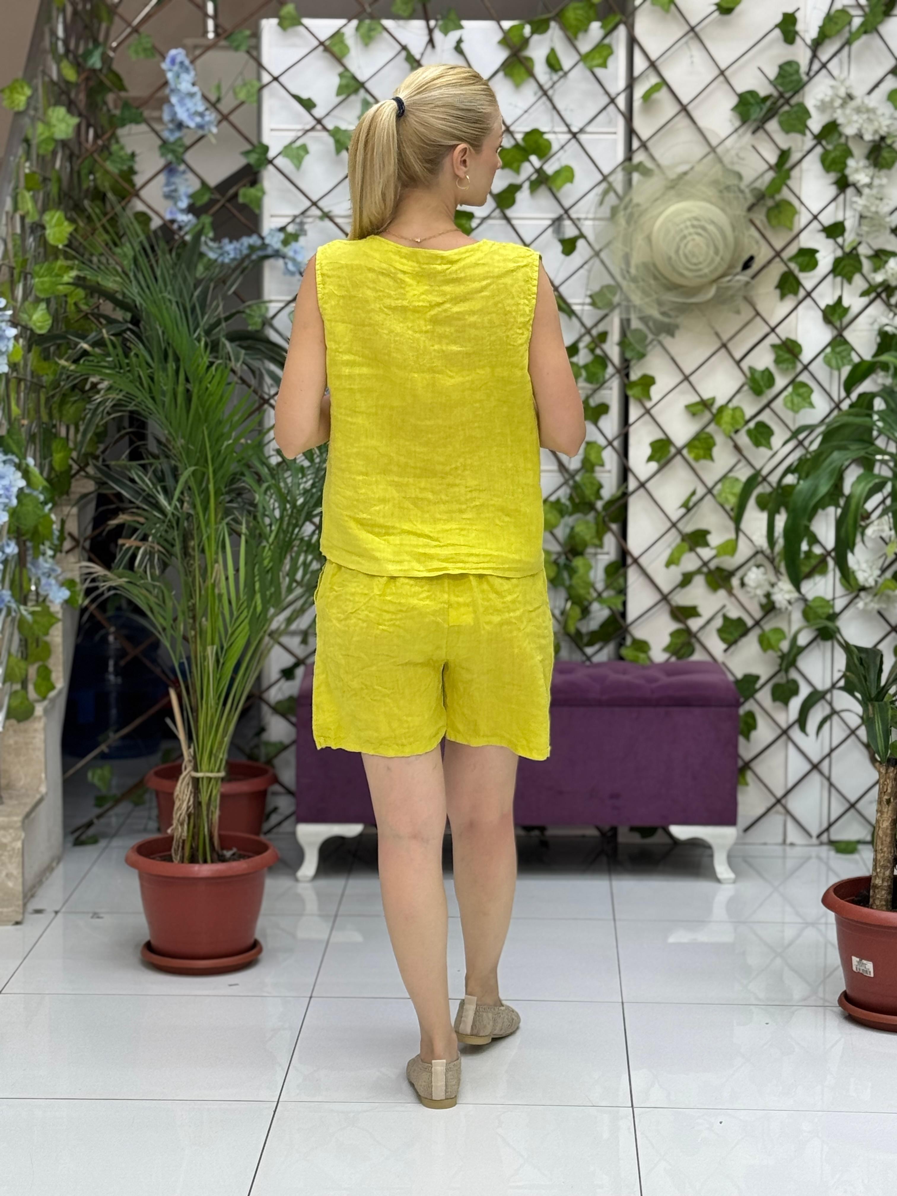 NC1350 İtalyan Şortlu Yelekli Keten Takım Limon
