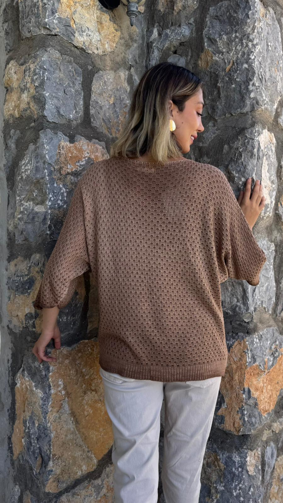 LS7514 İtalyan Yaprak Desen Triko Bluz Camel