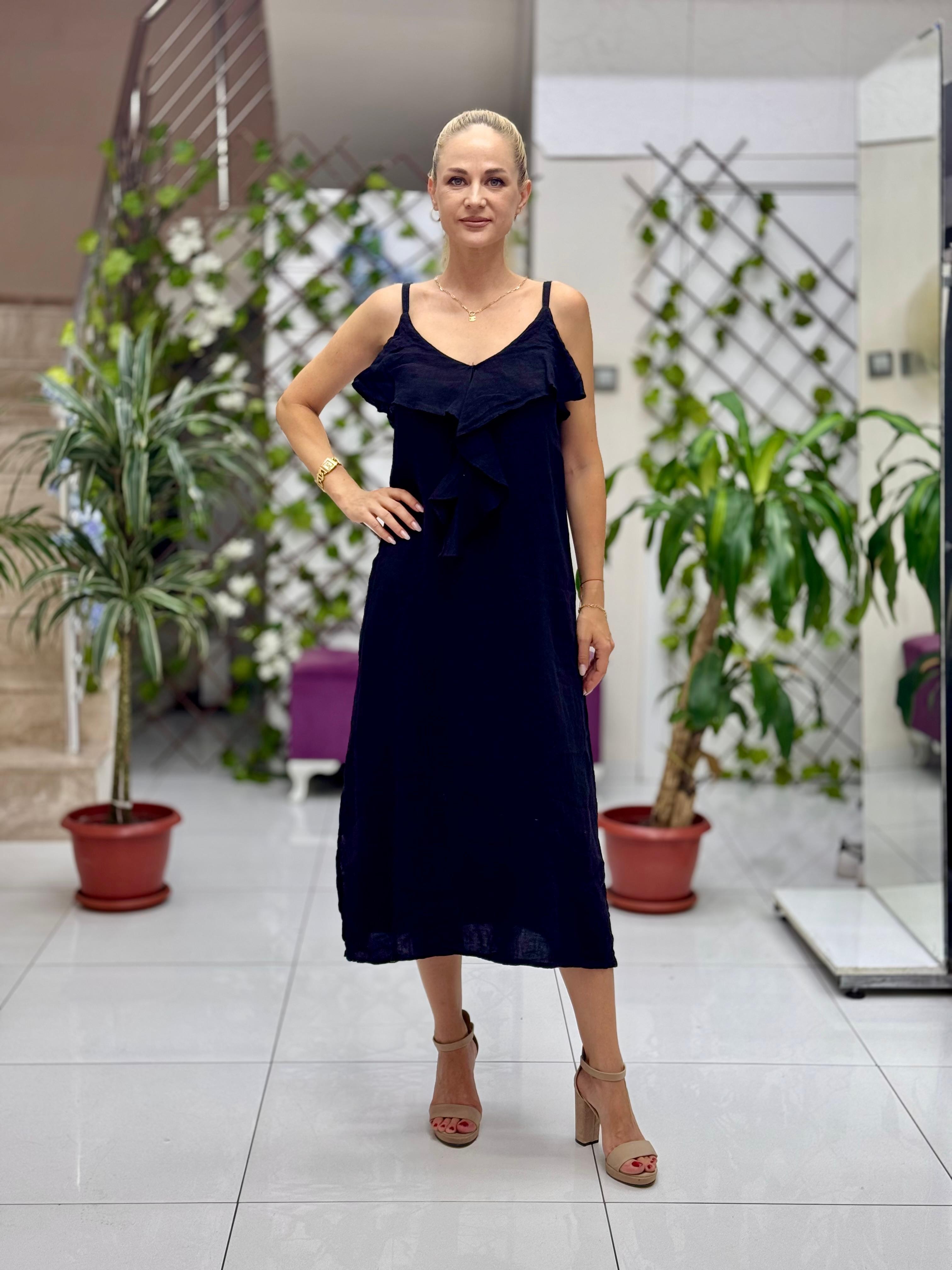 NC2132 İp Askılı Keten Önü Fırfırlı İtalyan Elbise Siyah