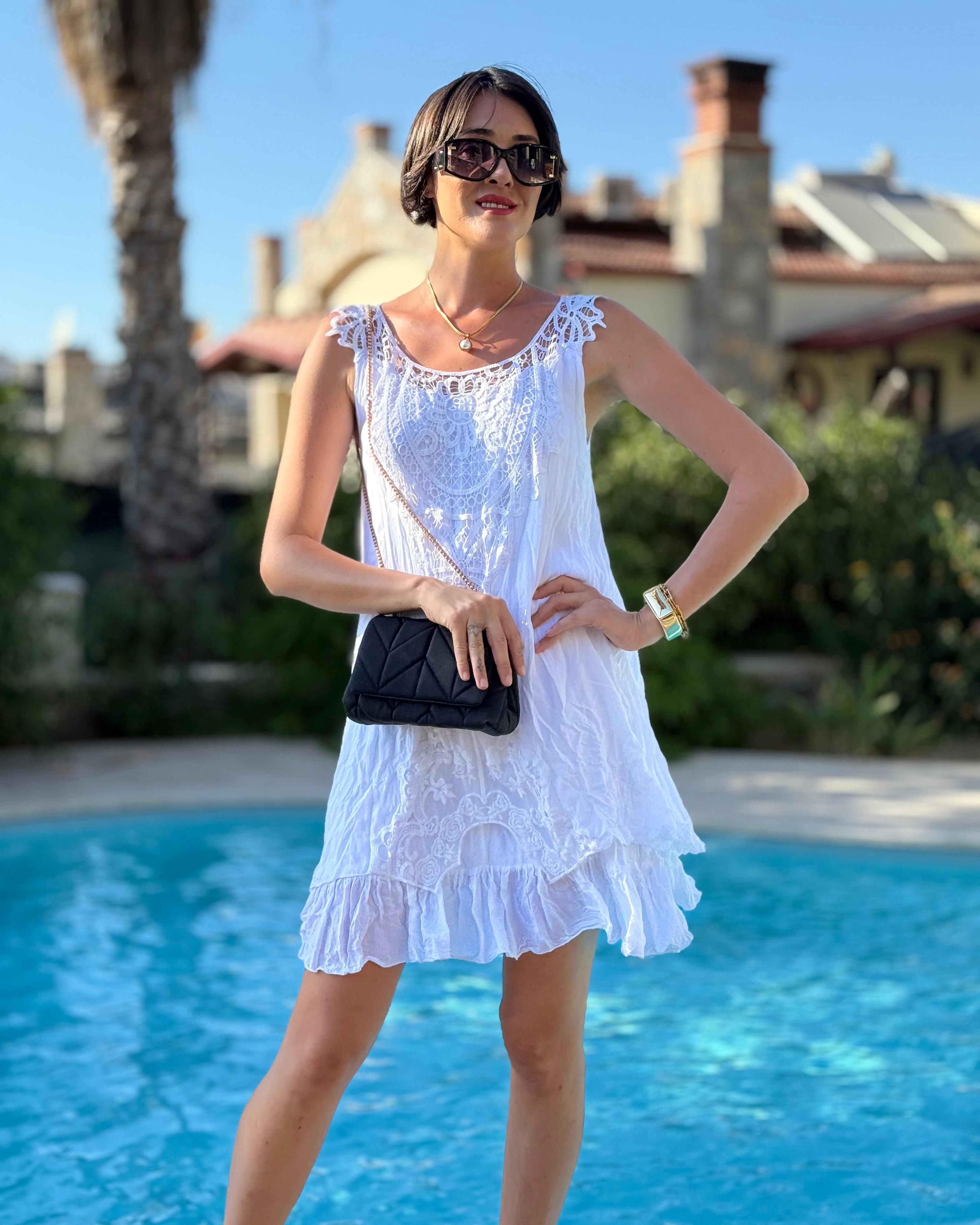 VL1207 Kolsuz Vual Mini Elbise Beyaz