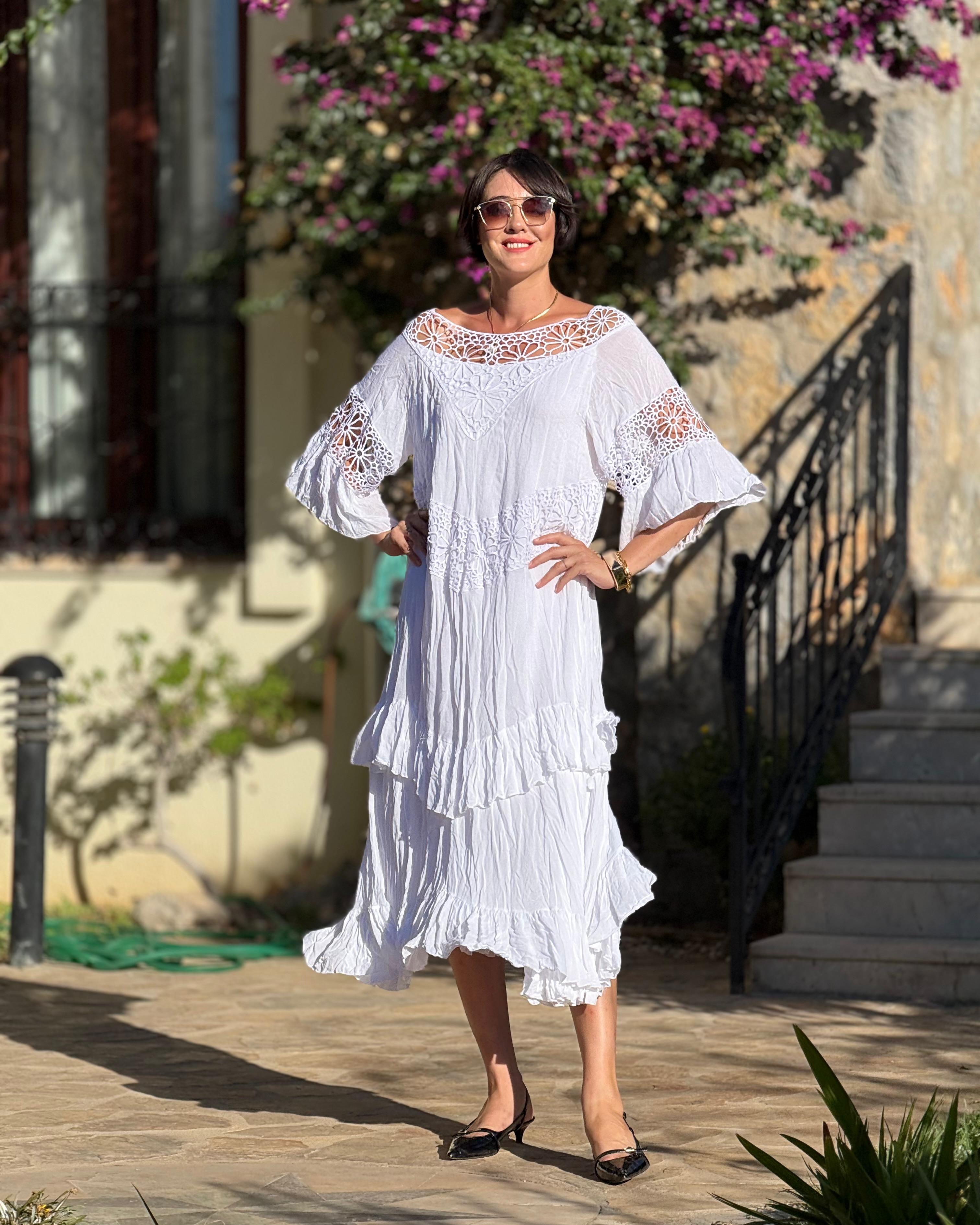 VL12008 Yaka Detay Vual Elbise Beyaz