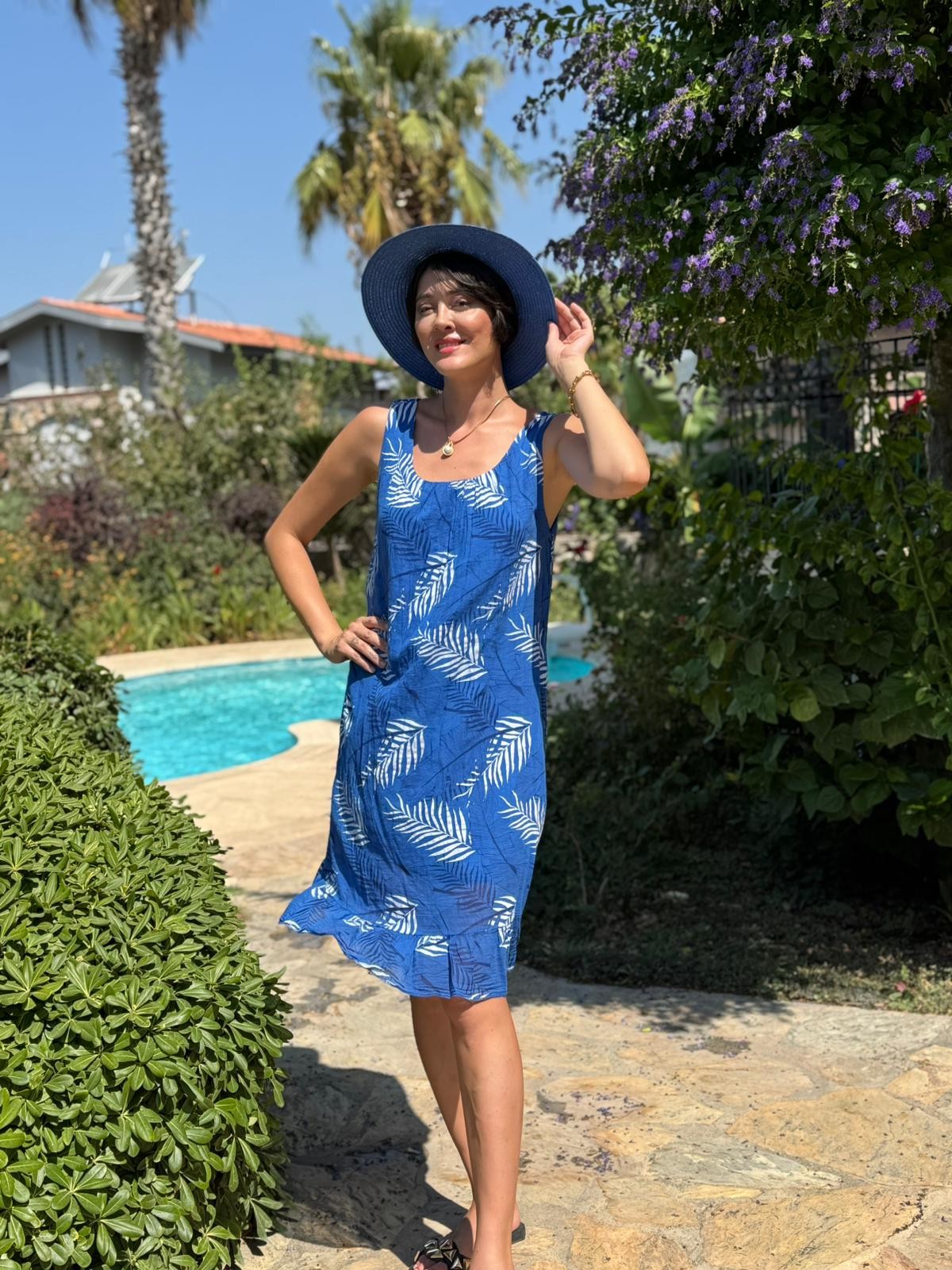 YG205070 İtalyan Yaprak Desen Coton Elbise Saks