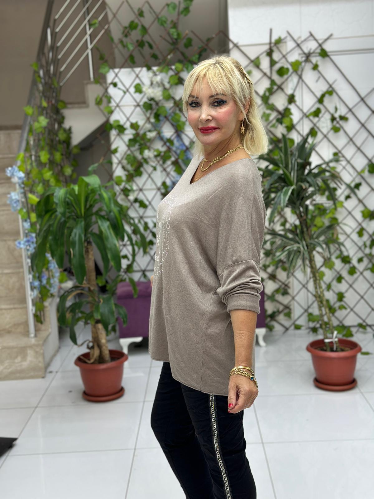 LS82681 İtalyan Taş Baskılı Triko Bluz Vizon