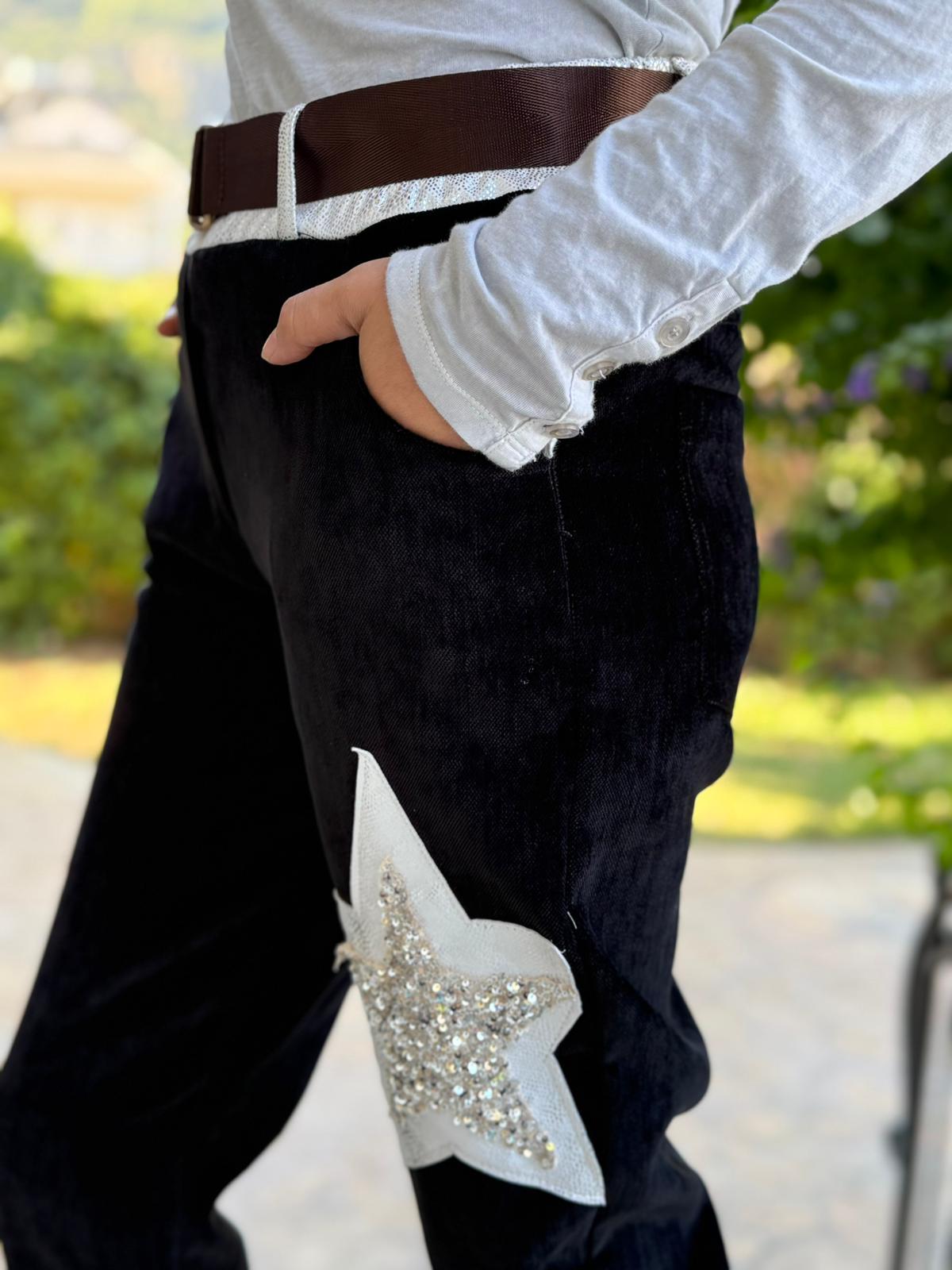 LS12520 İtalyan Yıldız Taşlı Kadife Pantolon Siyah