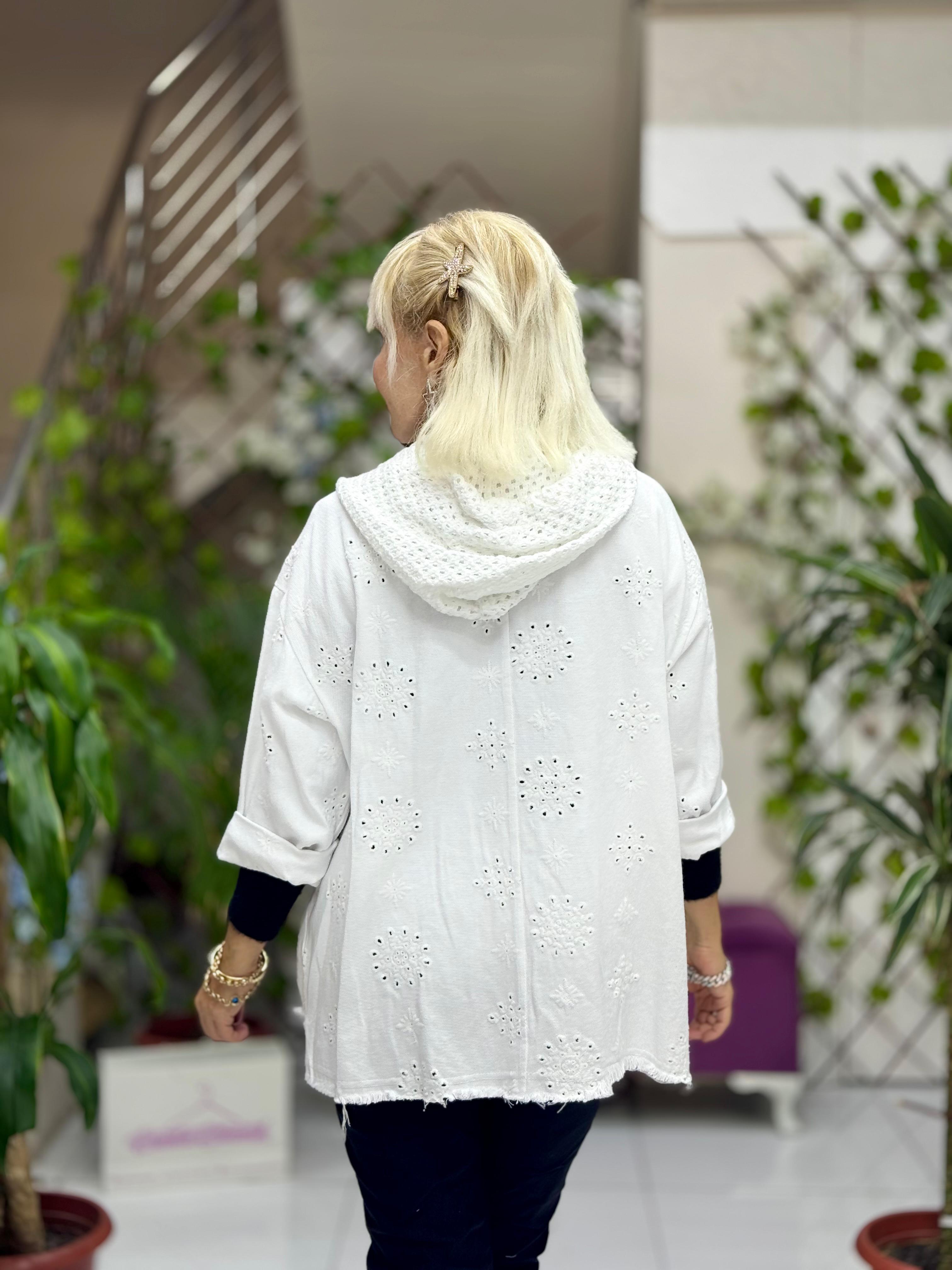 YG25068 Kapişonlu Güpürlü Düğmeli İtalyan Kot Ceket Beyaz