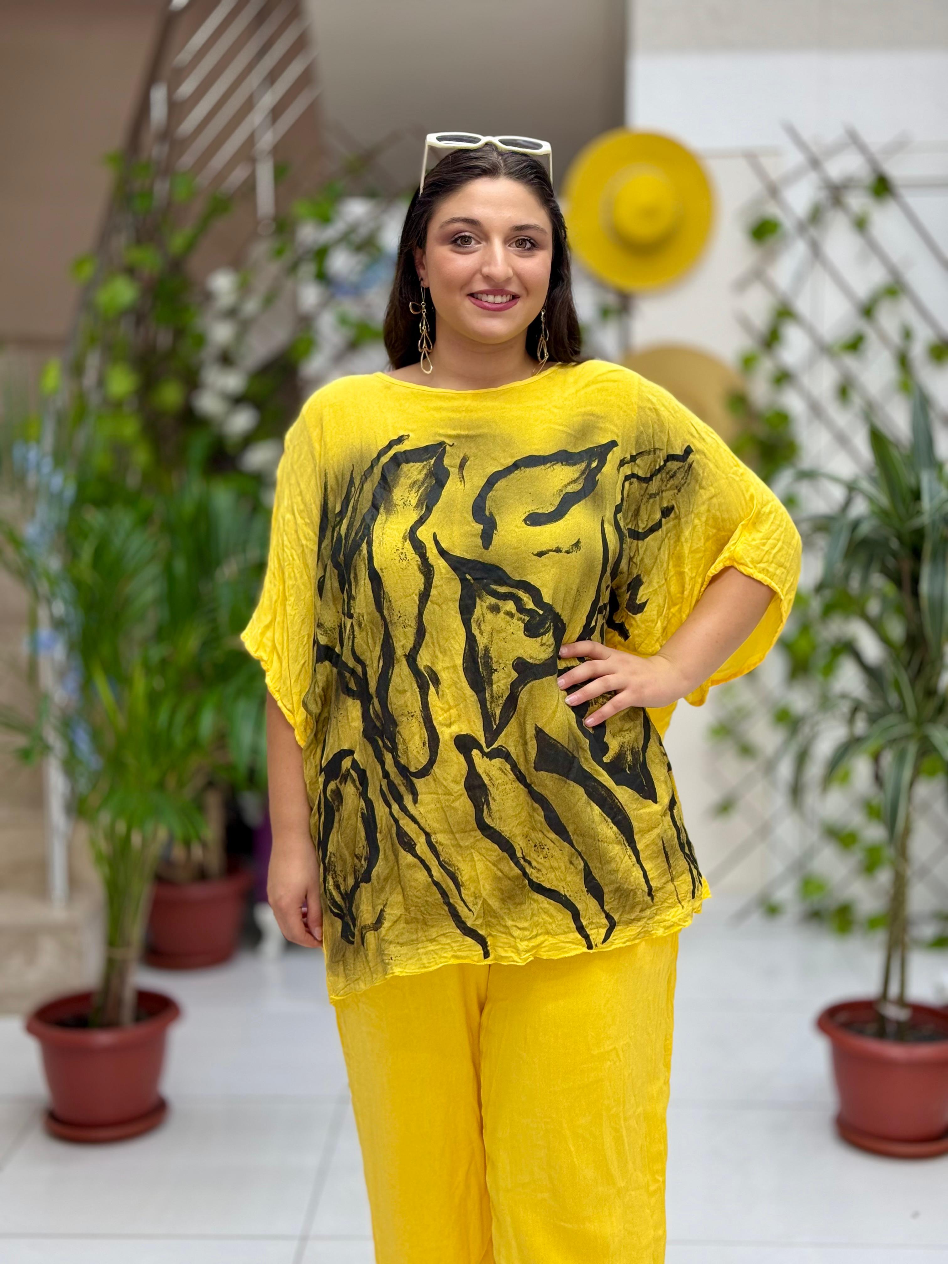 VL3009 Yarasa Kol Baskılı Vual Bluz Sarı