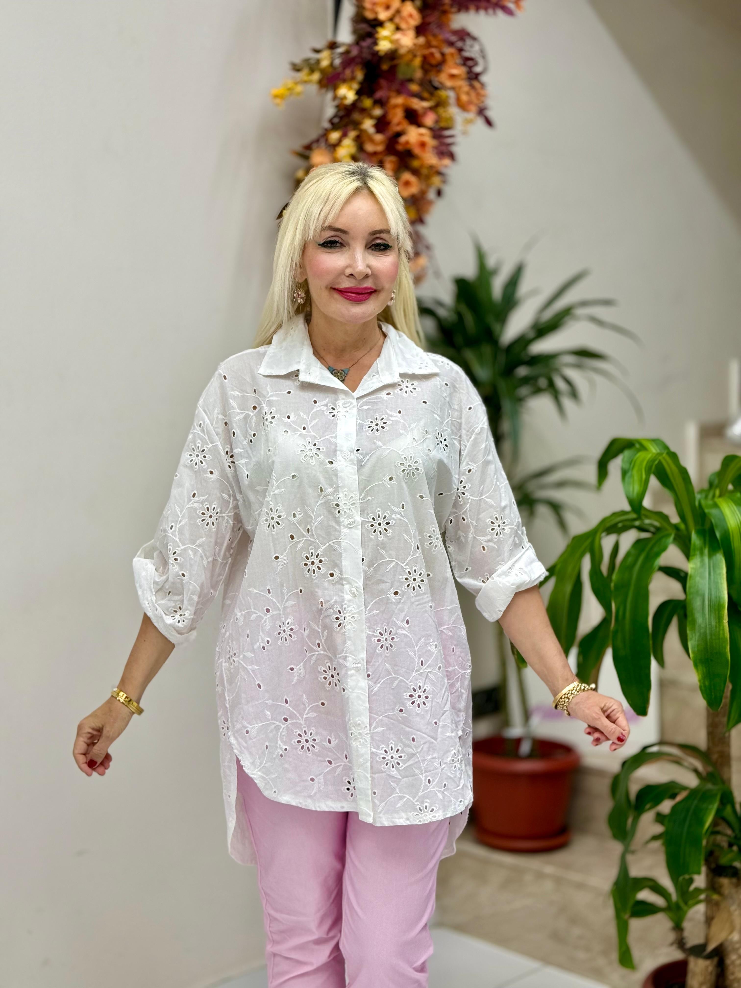 YG1360 İtalyan Brodeli Tunik Gömlek Beyaz