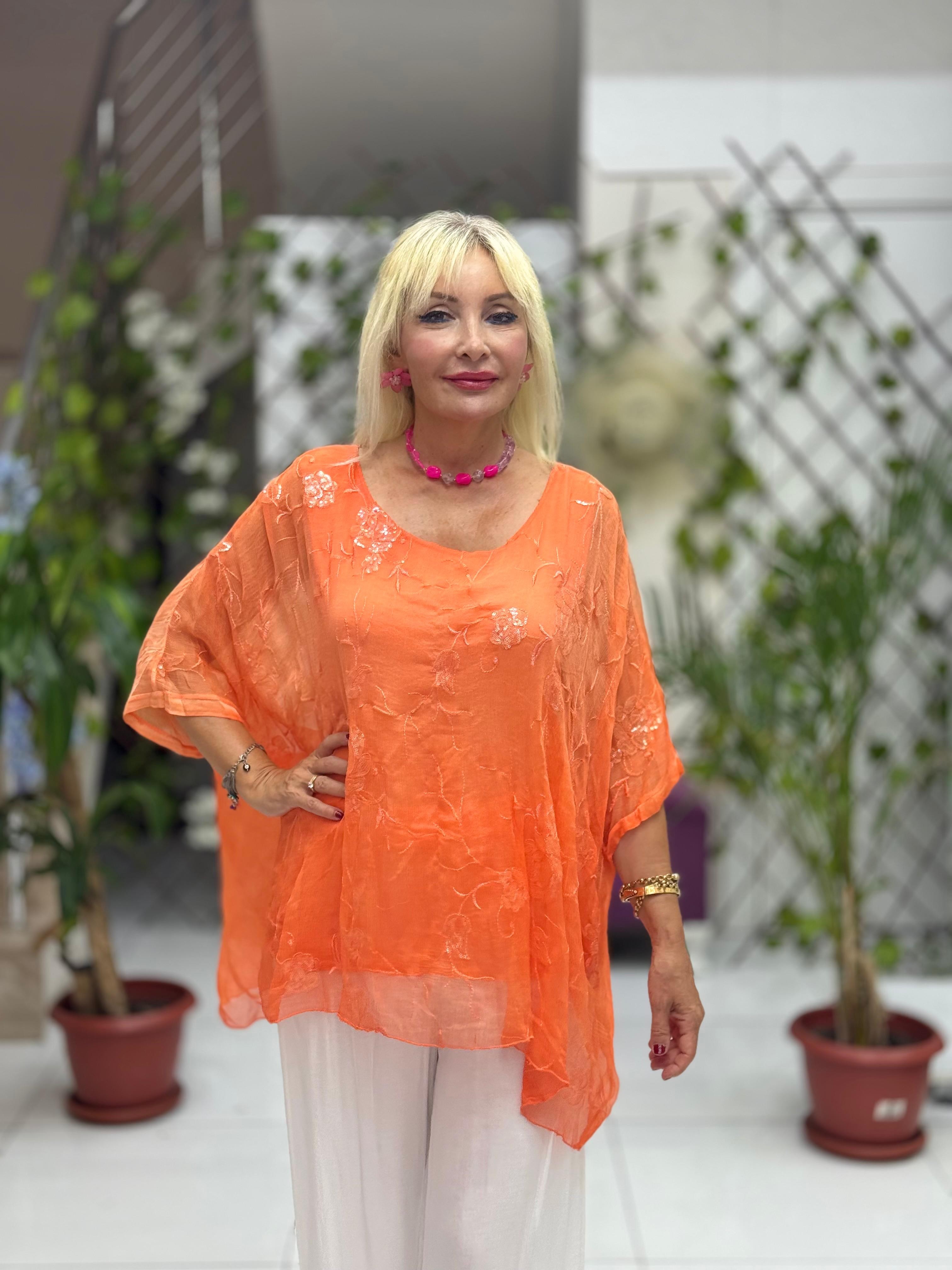 NC66893 İtalyan Pul Payetli İpek Bluz Oranj