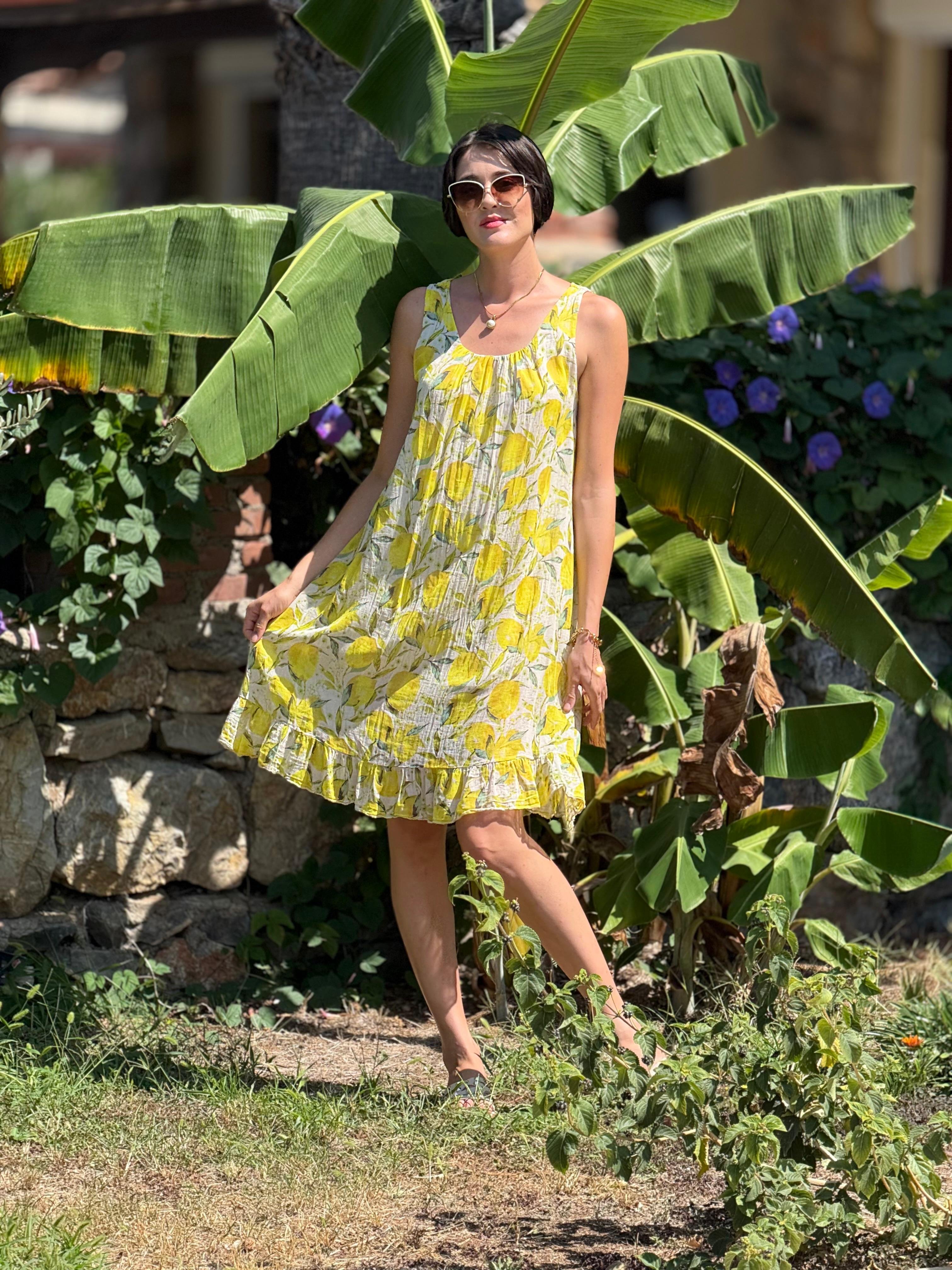 YG205030 İtalyan Coton  Limon Desen Elbise Krem