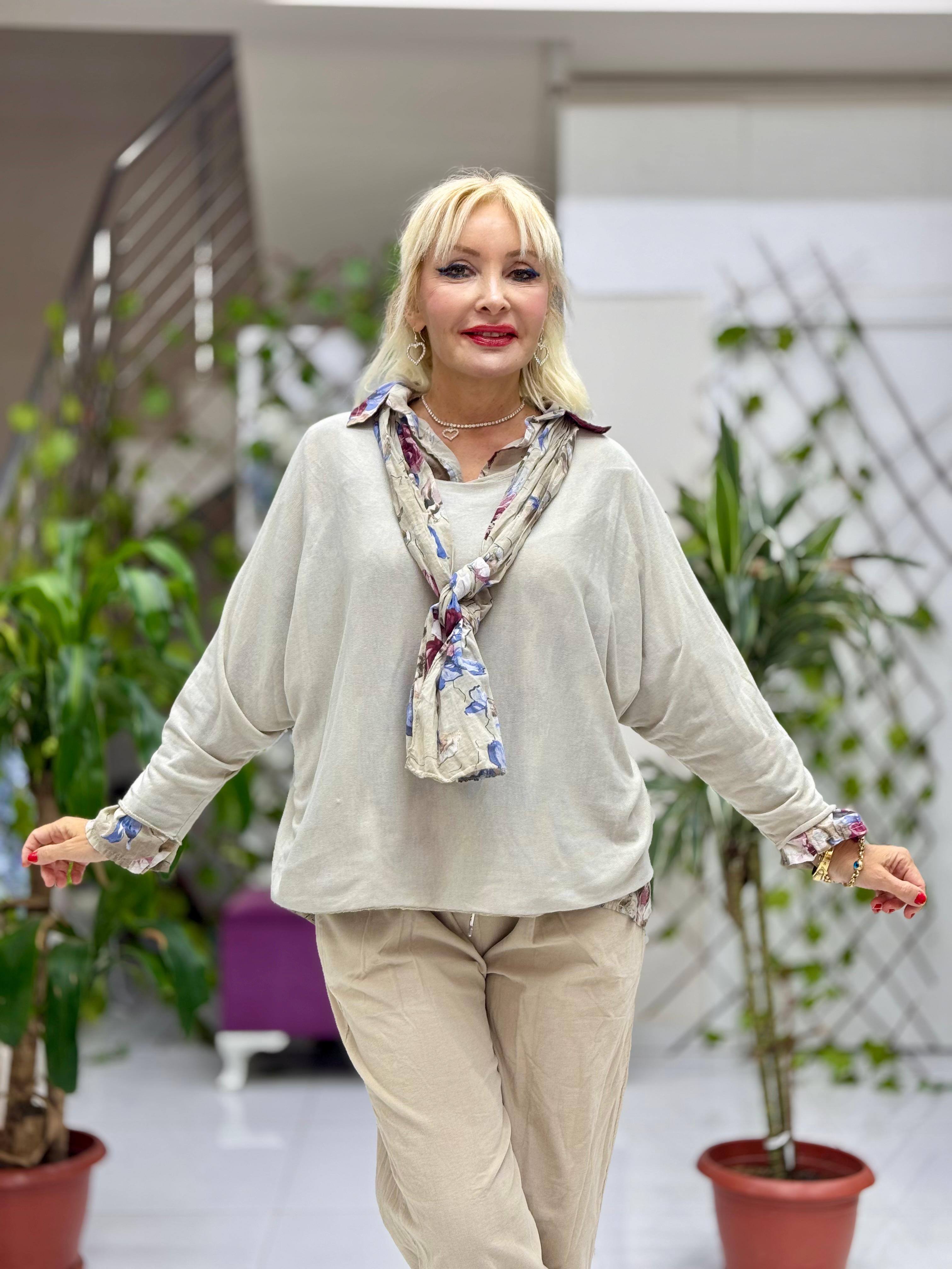 NC23091 İtalyan Fular Gömlek Triko Bluz Üçlü Takım Bej