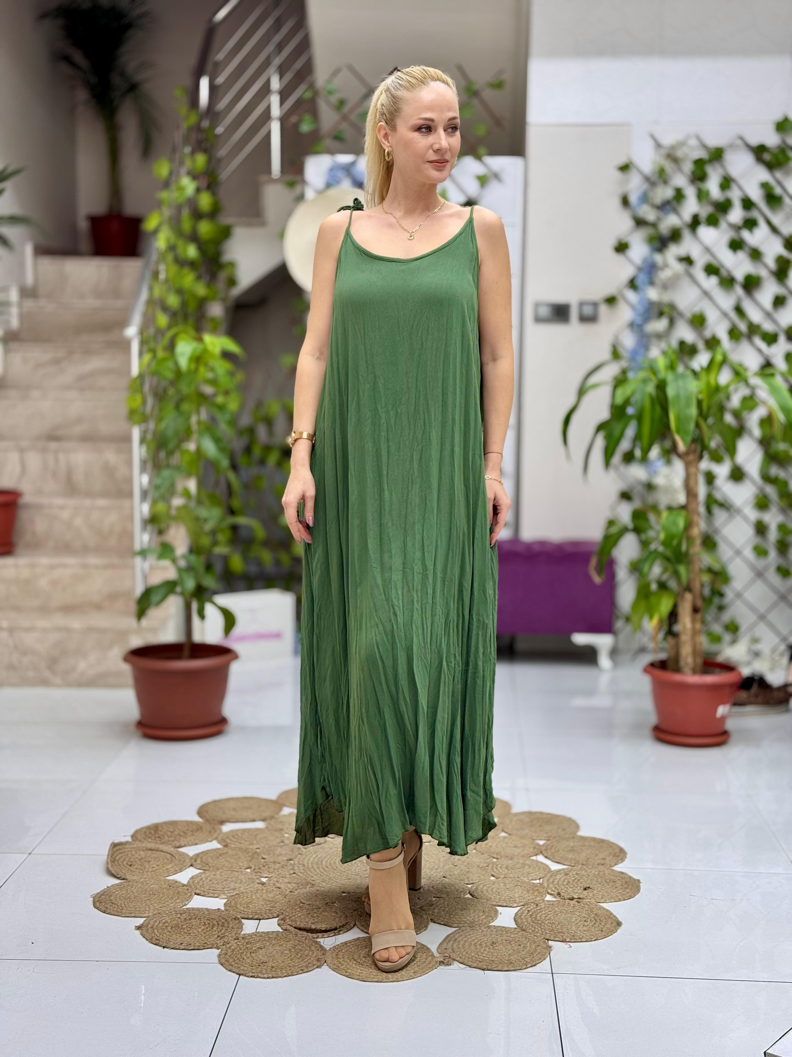 VL11199 Askılı Düz Vual Elbise Haki