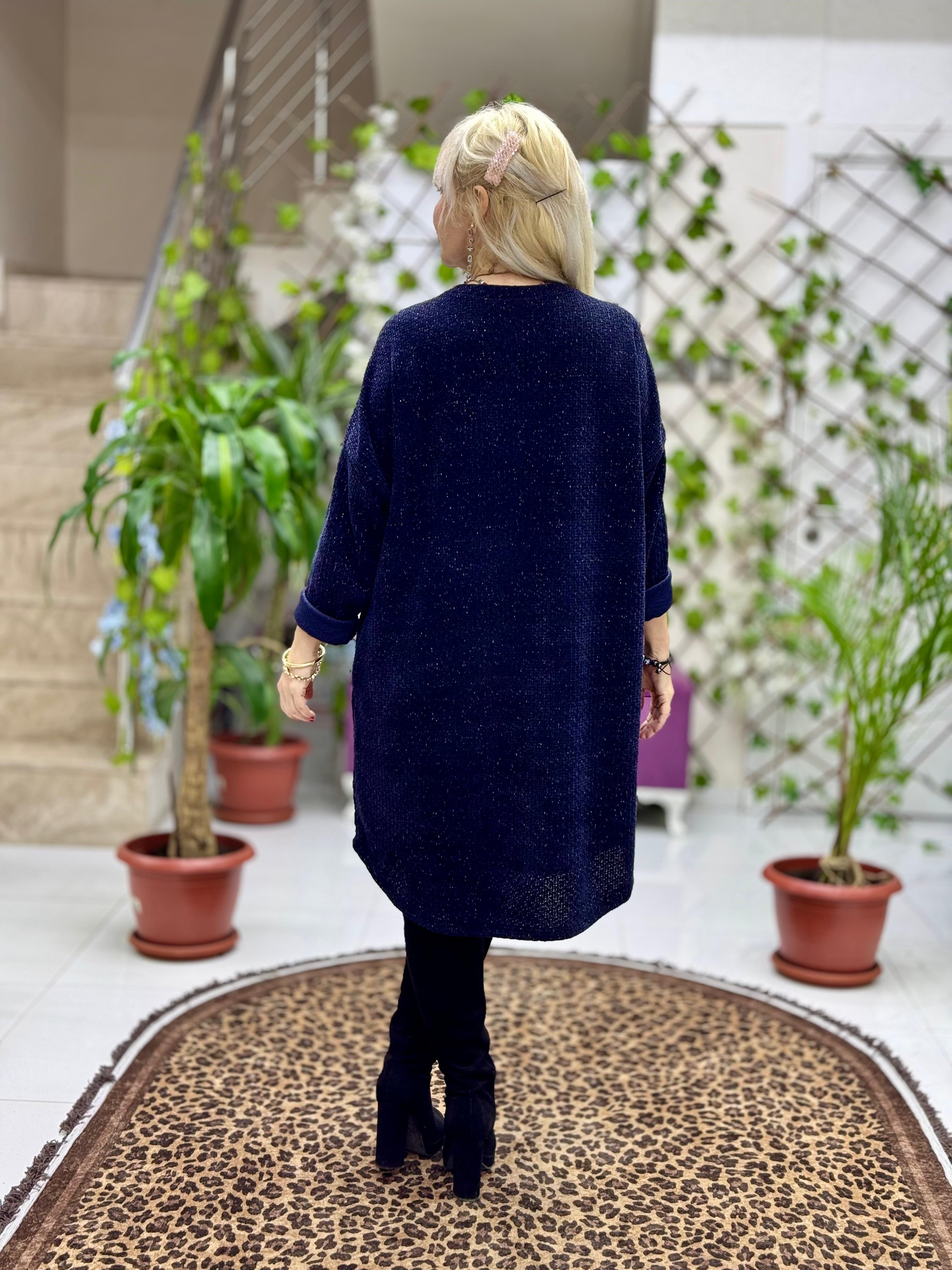 NC25158 Simit Yaka Kolyeli Simli İtalyan Kadife Elbise Lacivert