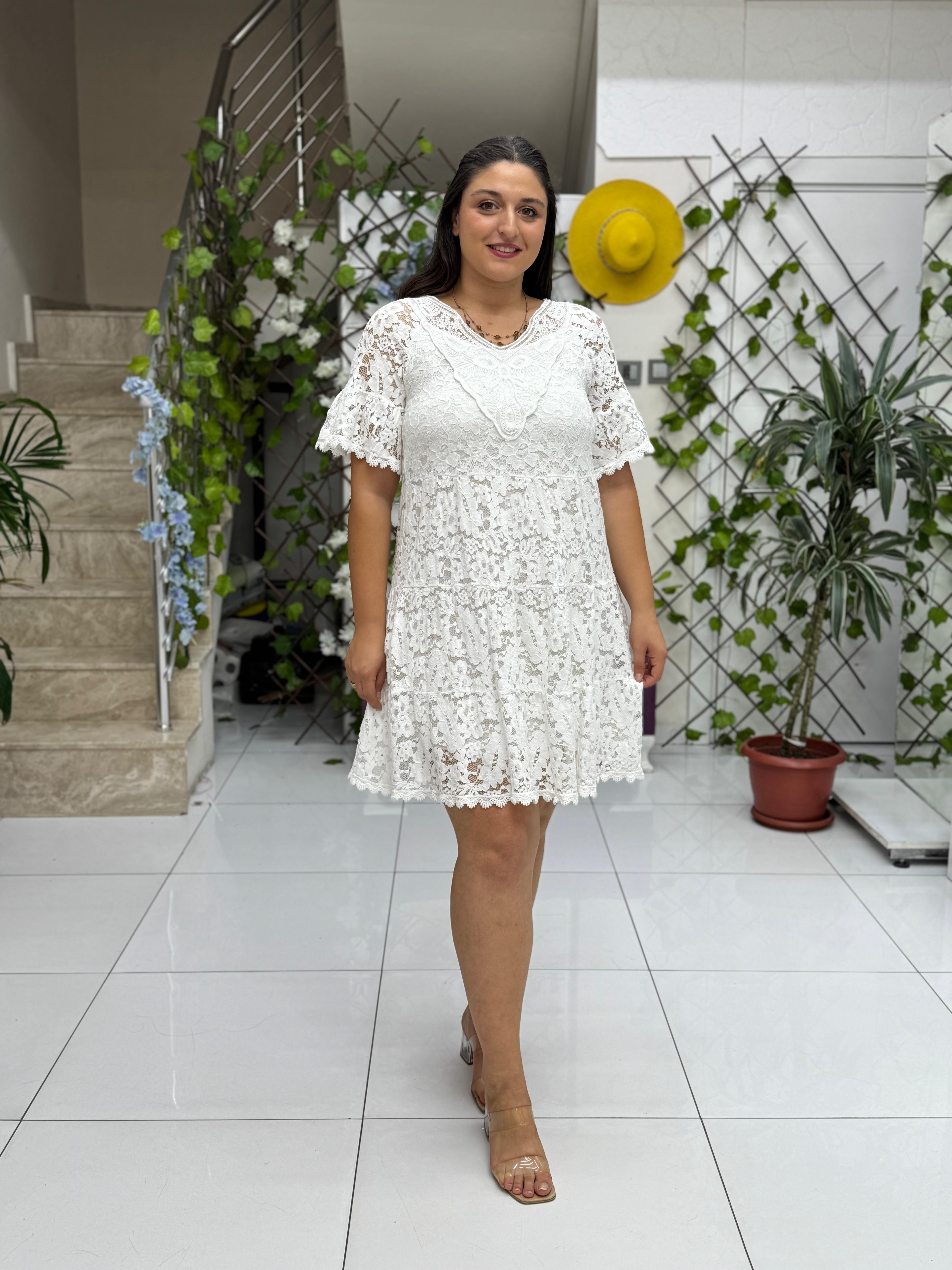 NC6793 Yarım Kol Coton İtalyan Dantelli Mini Elbise Beyaz
