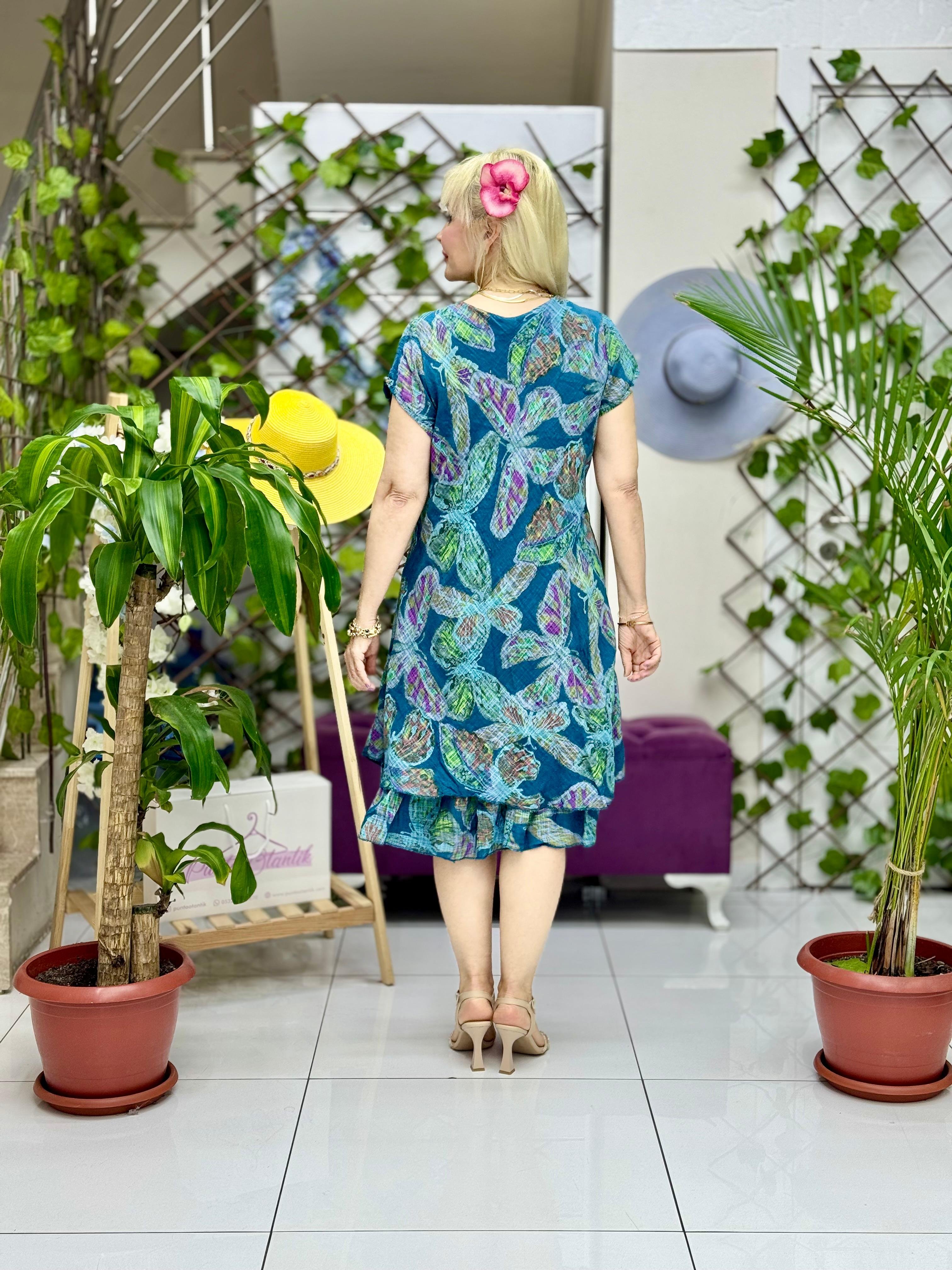 N5012-26 Vestido Italiano Manga Corta Algodón Lino Azul