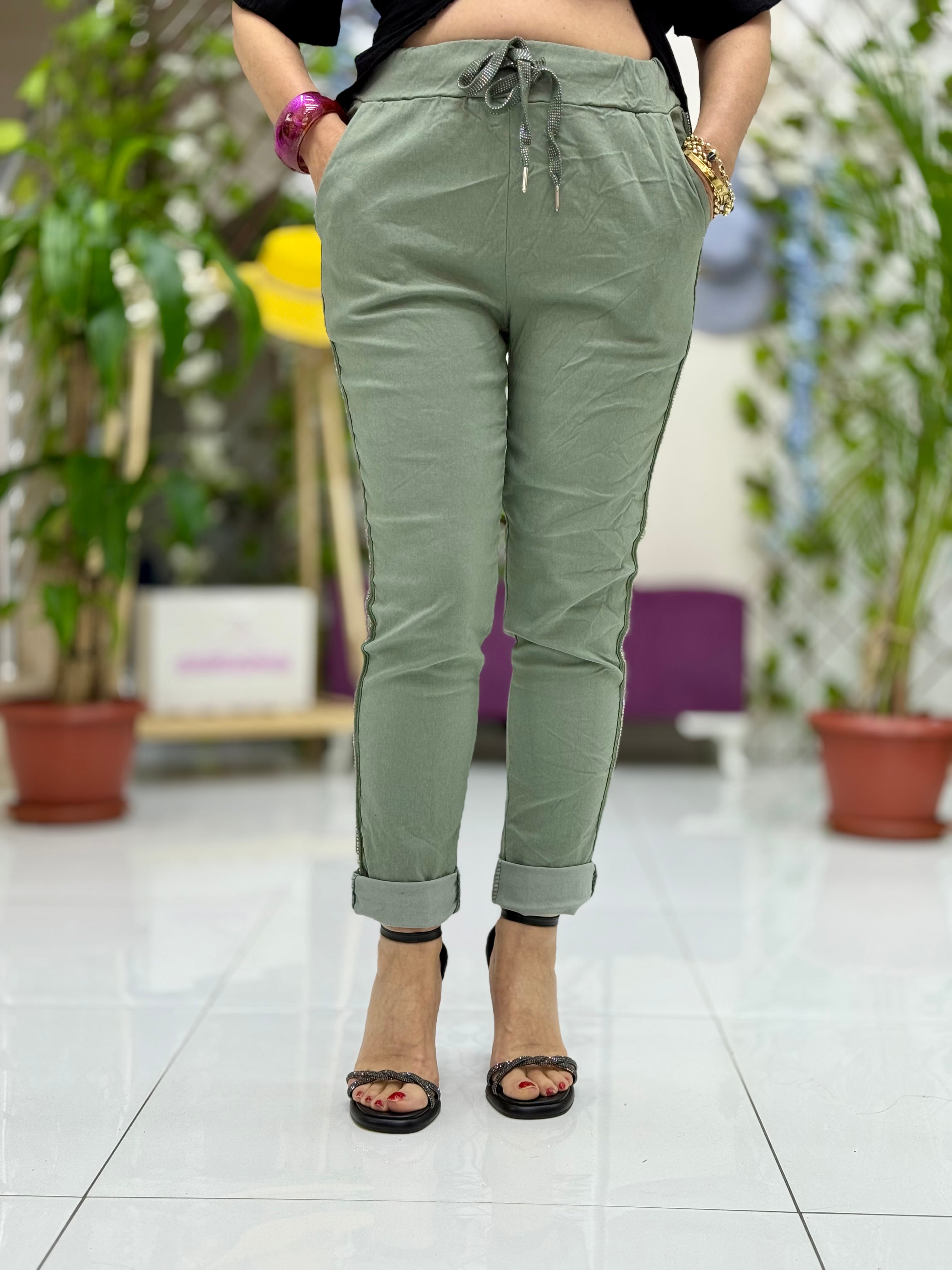 NC8162 İtalyan Yan Taşlı Şerit Coton Pantolon Haki