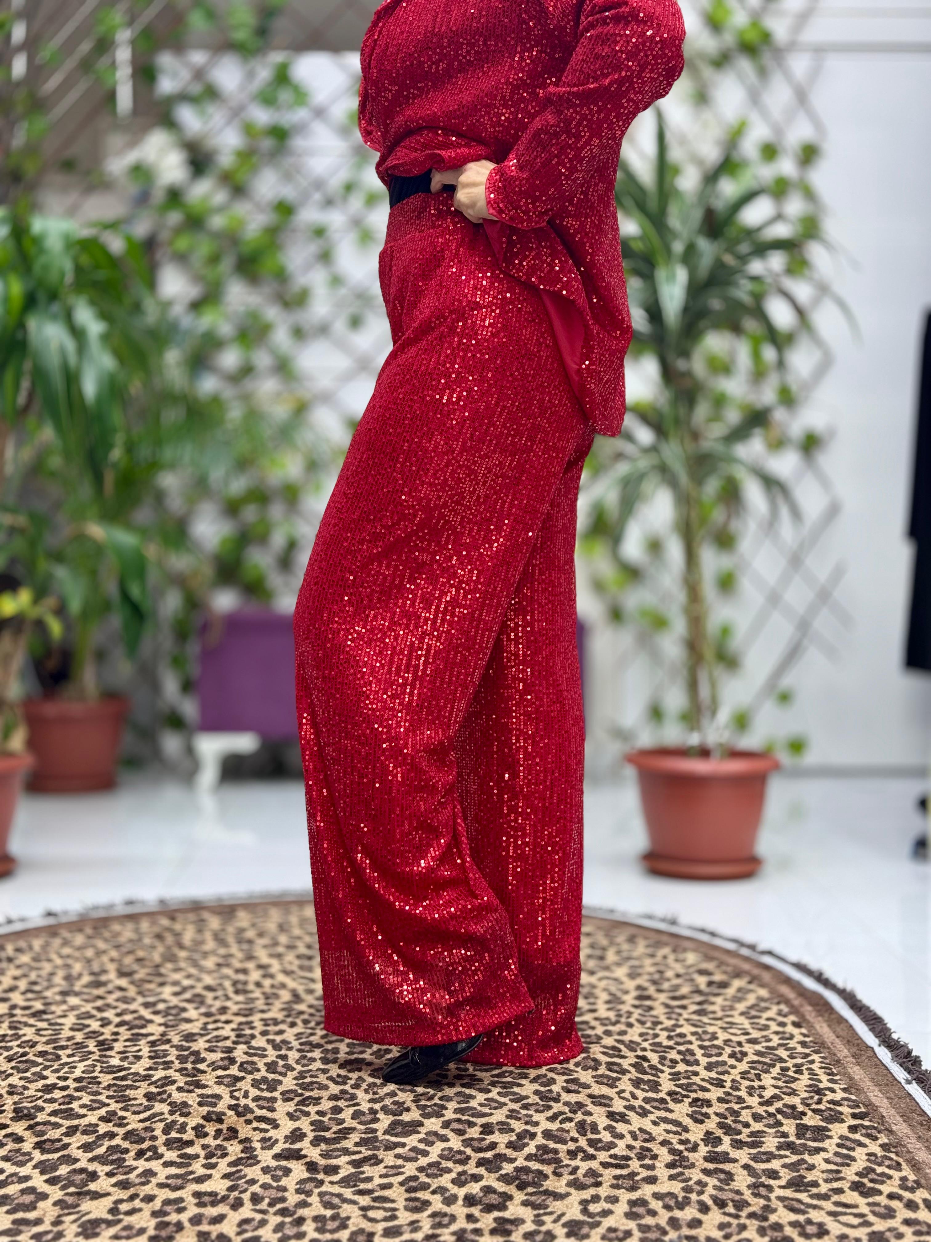 YG2013 İtalyan Pul Payetli Tek Düğme Takım Kırmızı