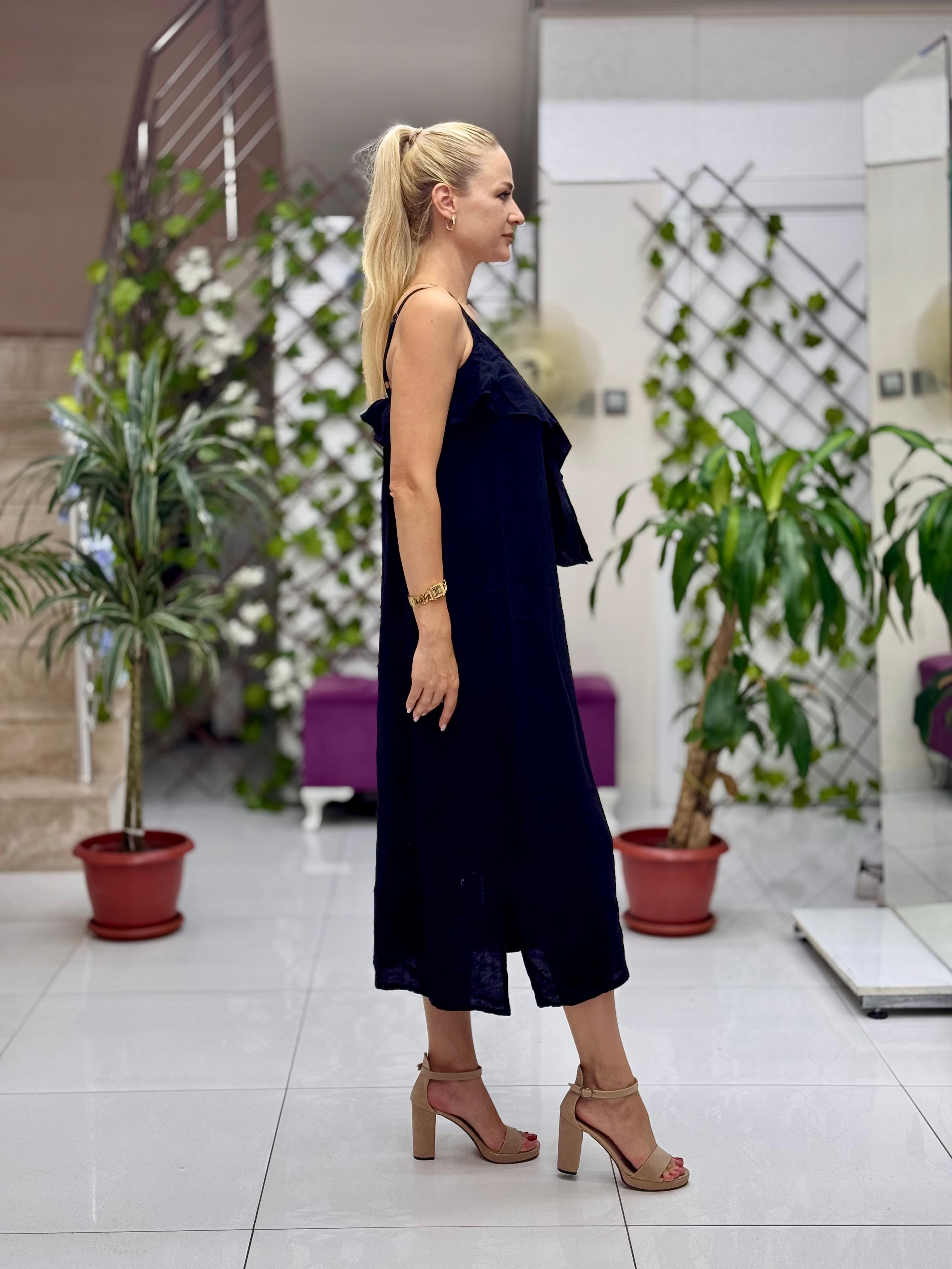 NC2132 İp Askılı Keten Önü Fırfırlı İtalyan Elbise Siyah
