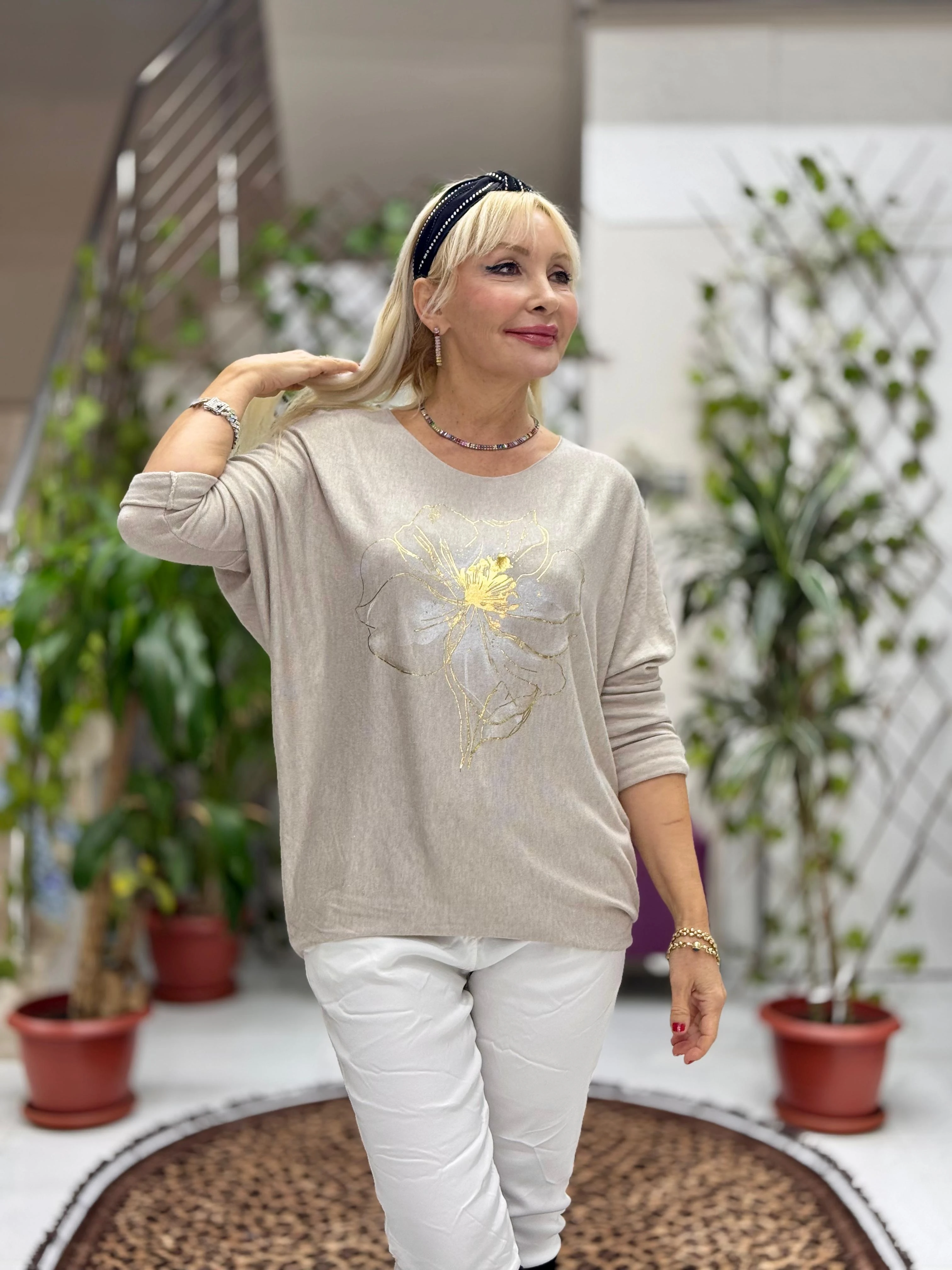 YG3003 Çiçek Baskılı İtalyan Triko Bluz Krem