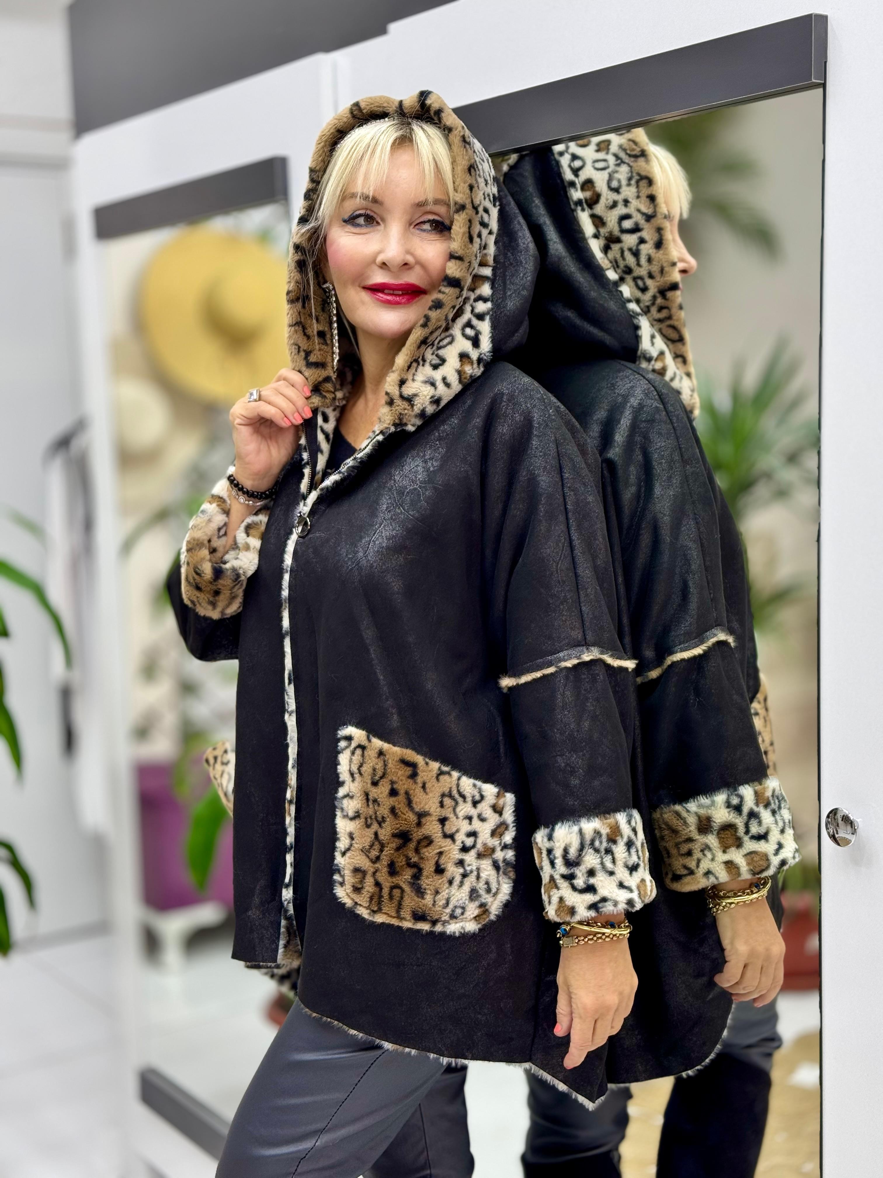 N13299 Leoparlı Fermuarlı Nubuk Kaban Siyah