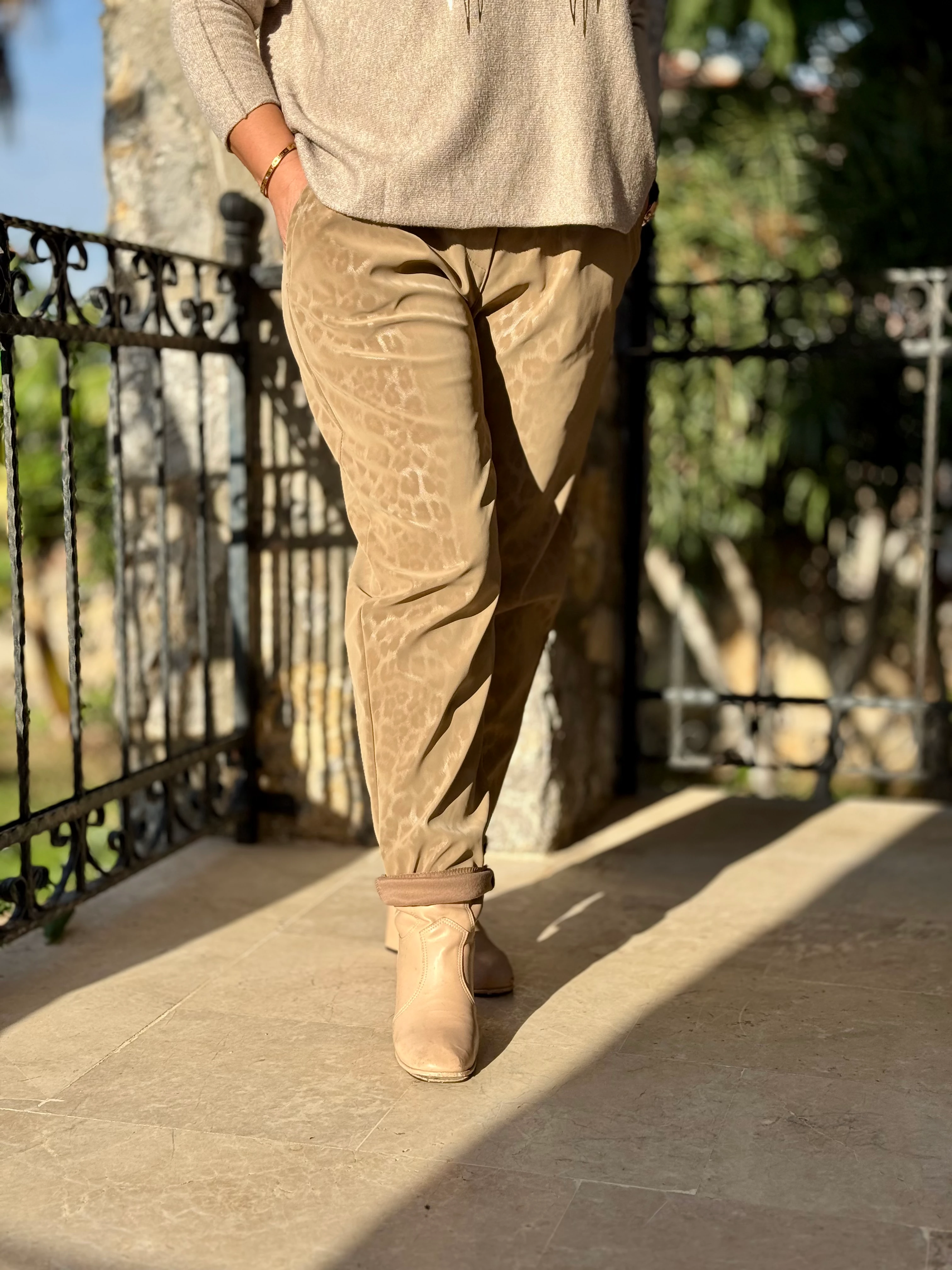 NC242976 italyan Leopar Desen Deri Pantolon Bej