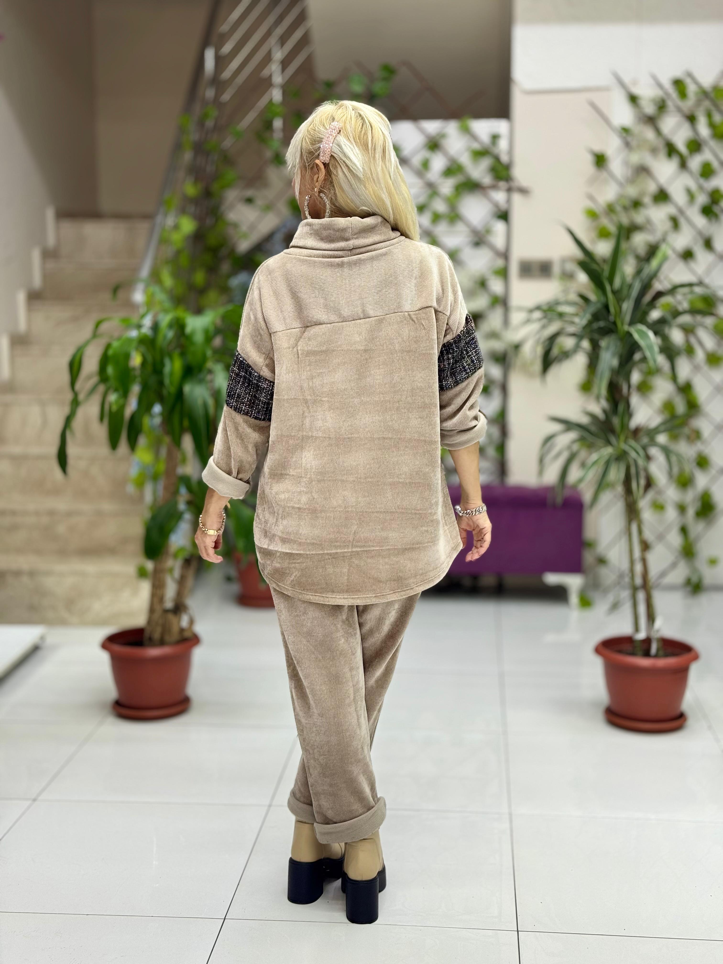 NC15517 Degaje Yaka Ayıcık Taşlı İtalyan Kadife Takım Vizon