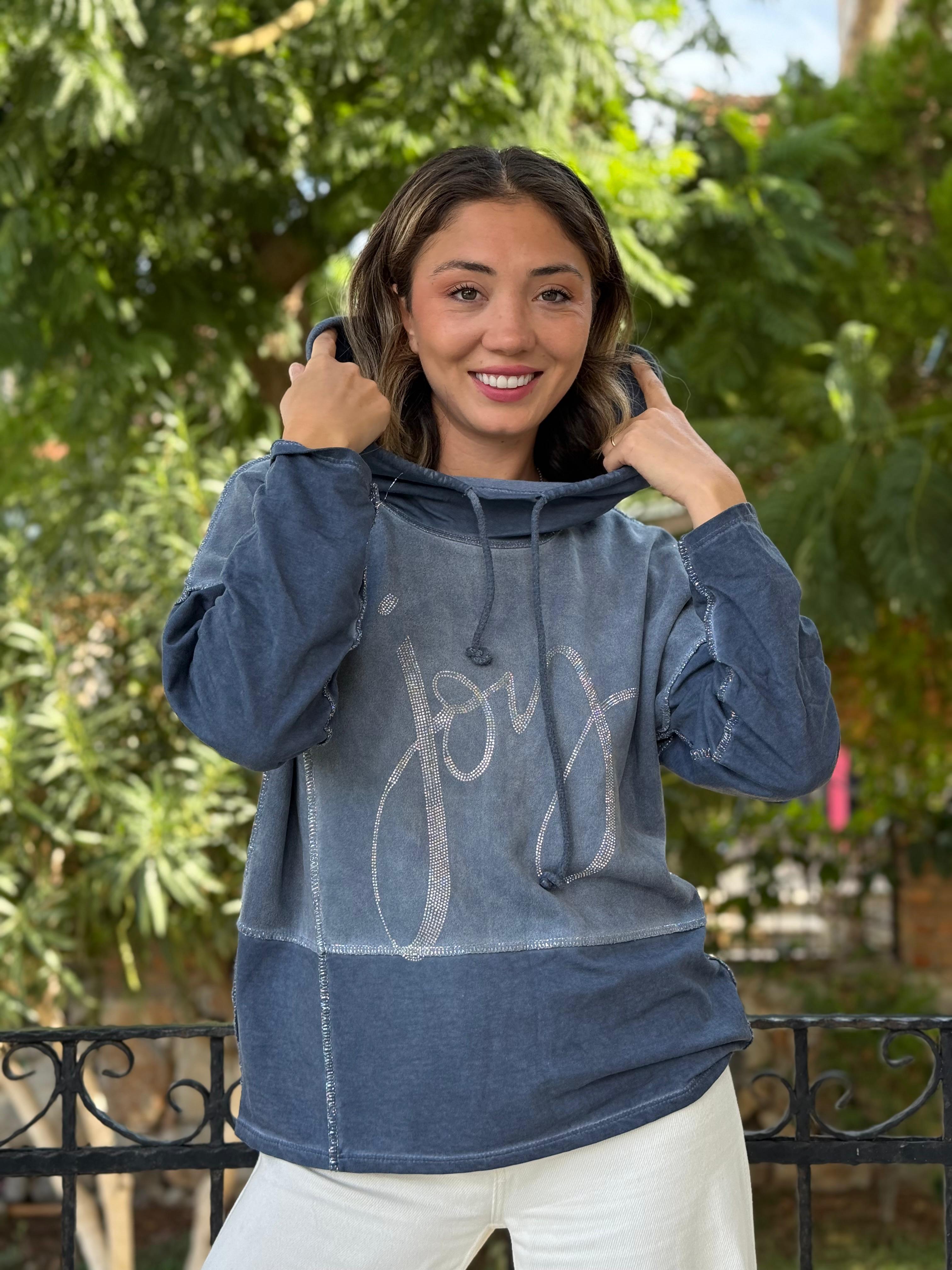 NC8533C İtalyan Joy Taşlı Kapüşonlu Coton Sweatshirt Mavi
