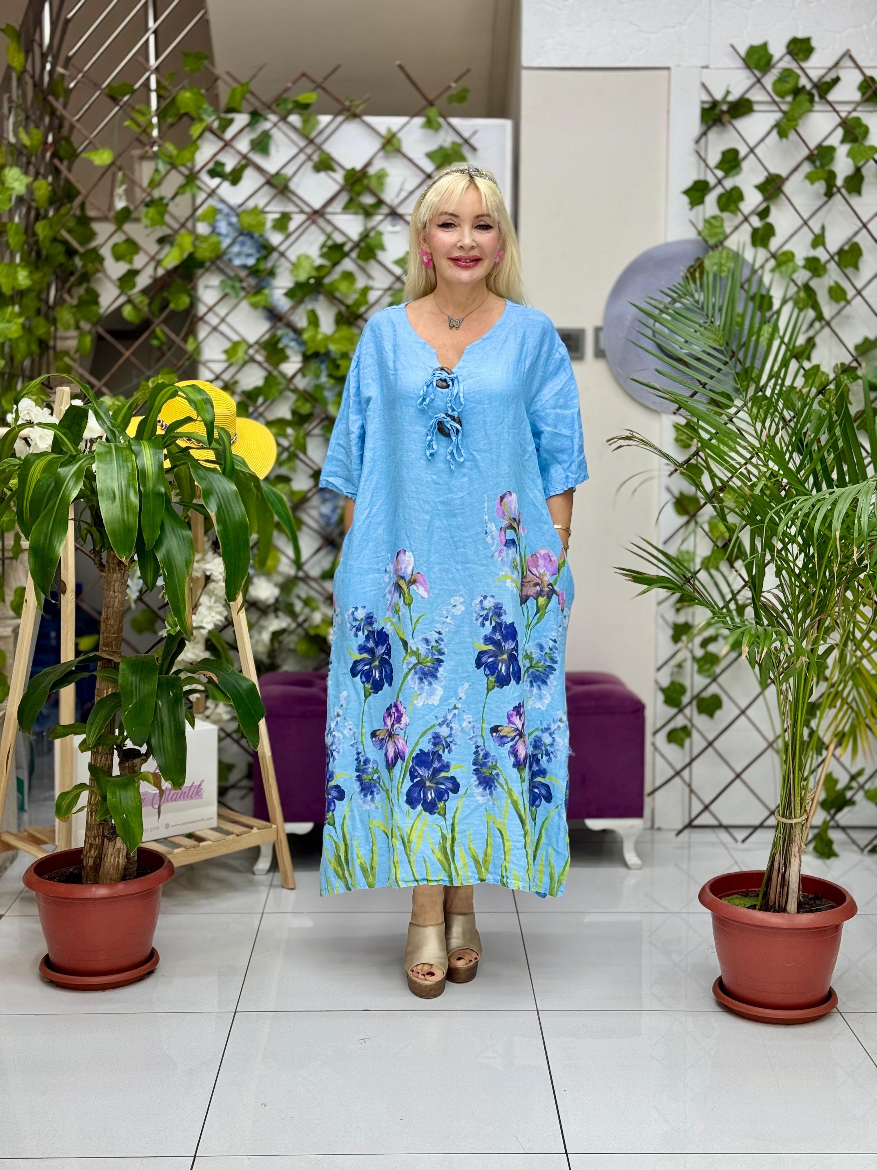 YG205060 Düğmeli Çiçekli Keten Elbise Bebe Mavi