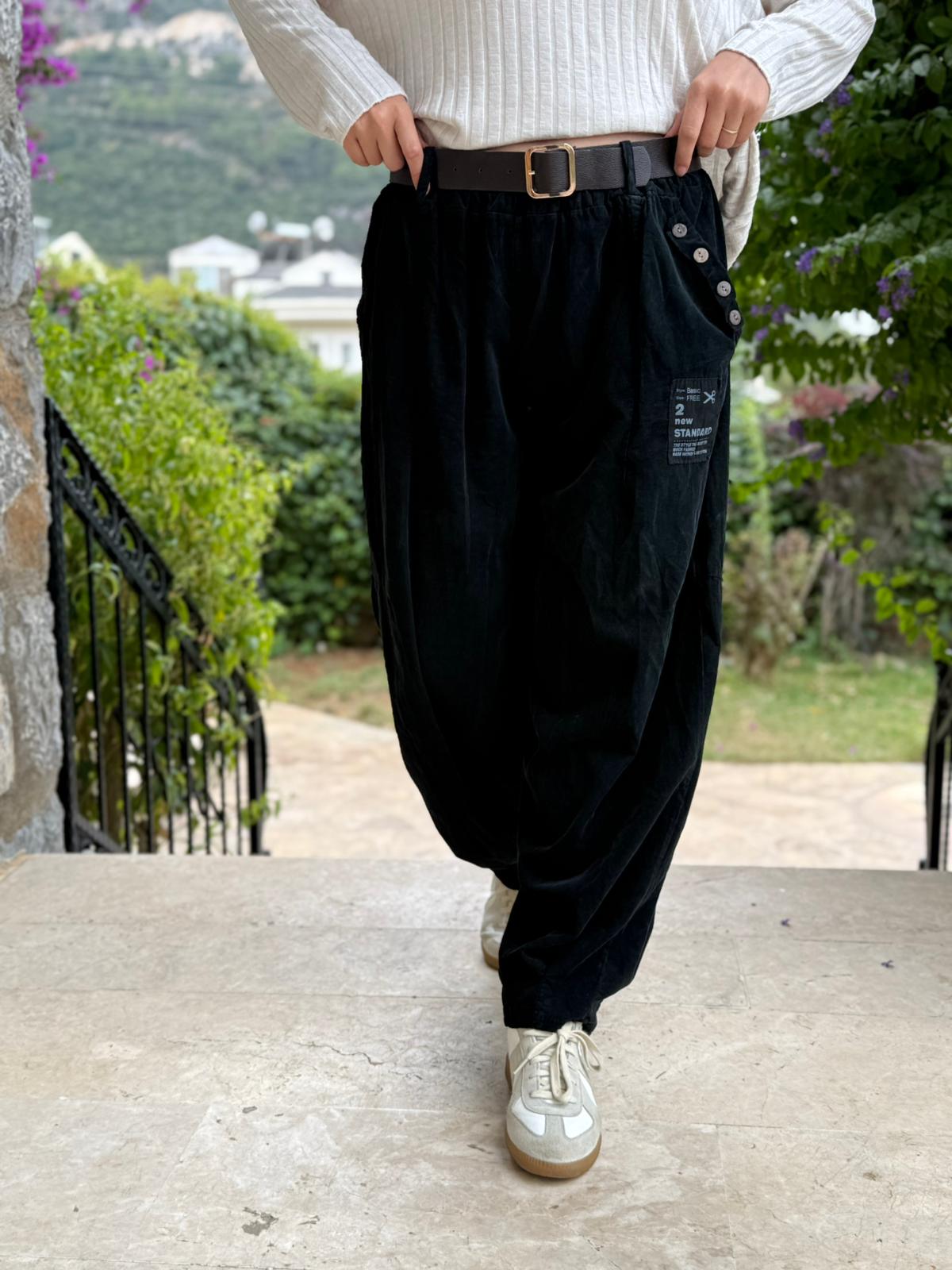 LS2203 İtalyan Kemerli Kadife Pantolon Siyah