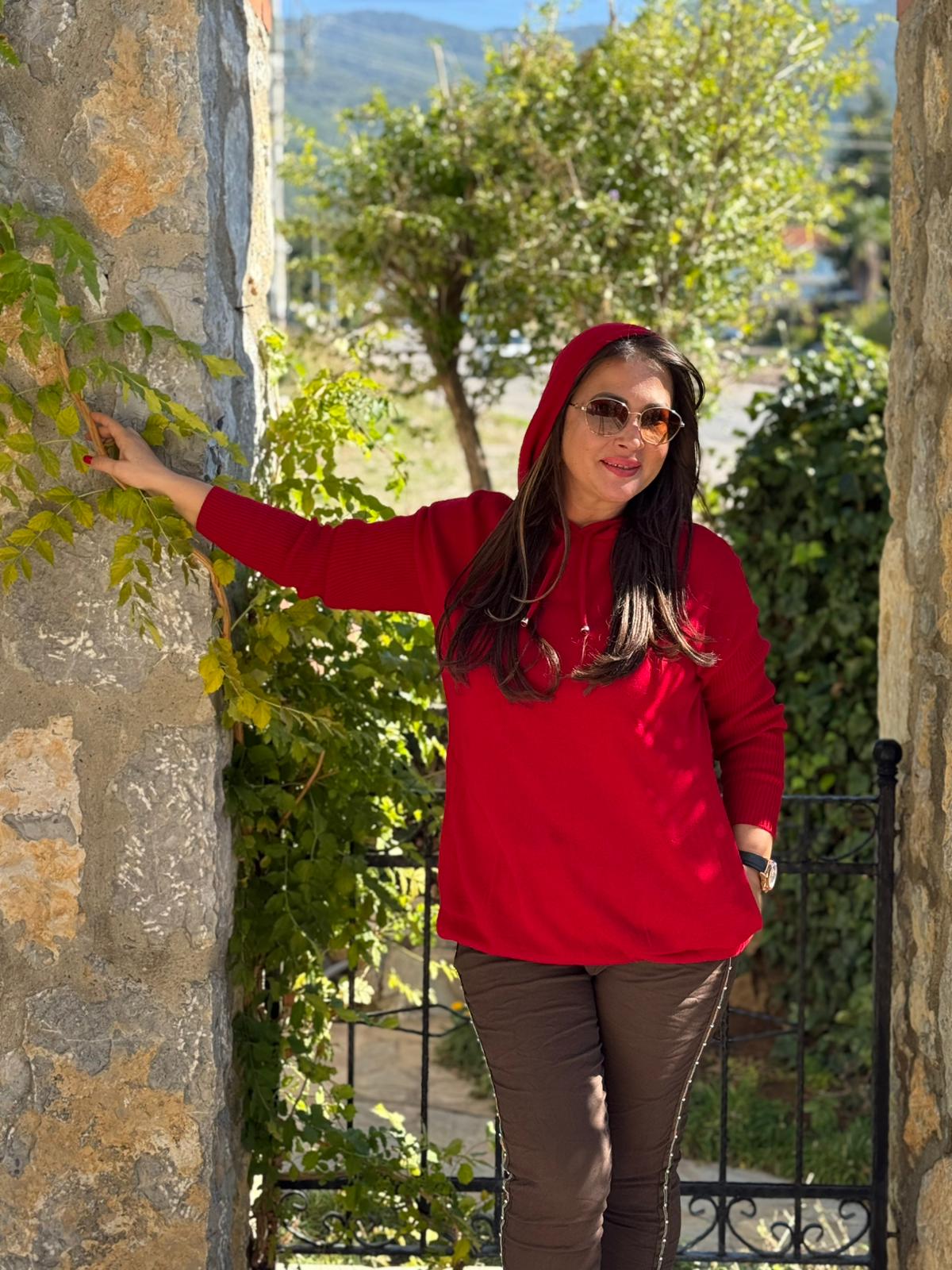 MT3096 Kapüşonlu Cepli Triko Sweatshirt Kırmızı