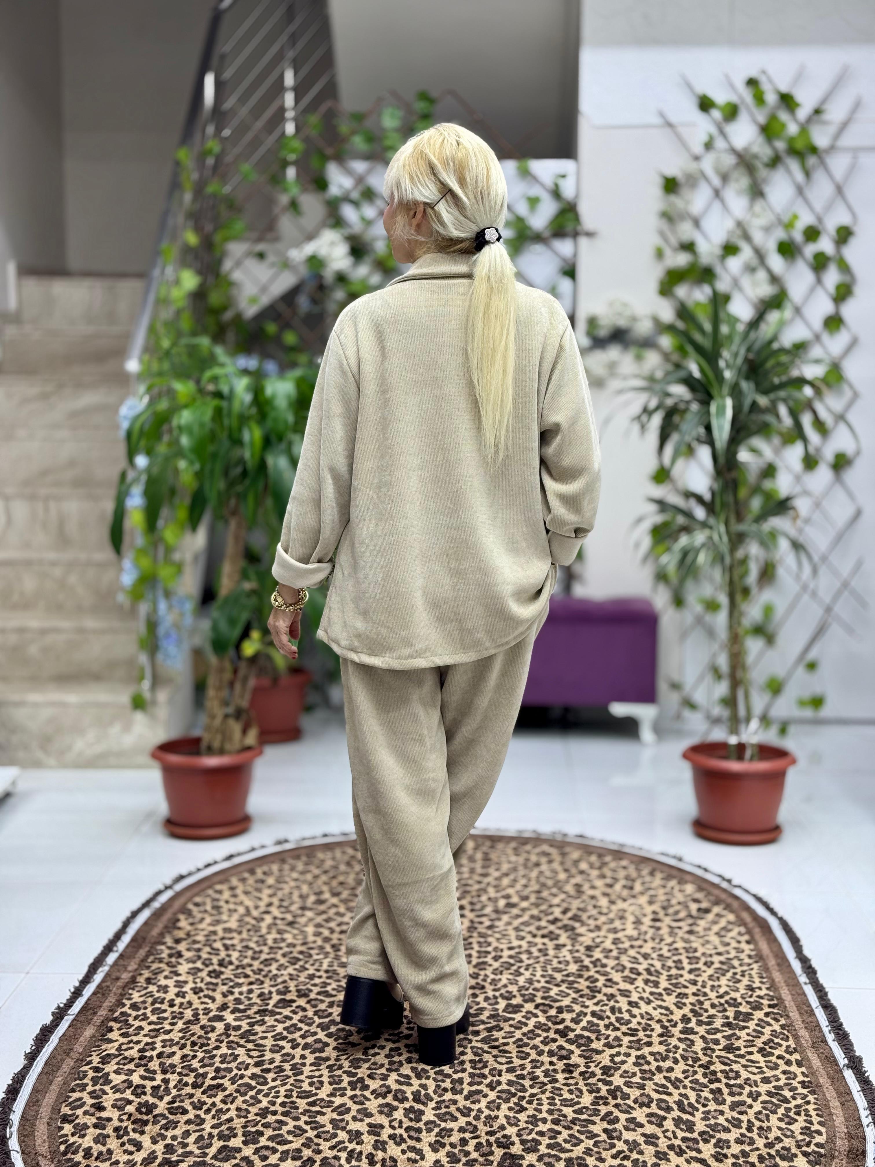 YG683089 Tek Düğme İtalyan Ceket Pantolon Kadife Takım Krem