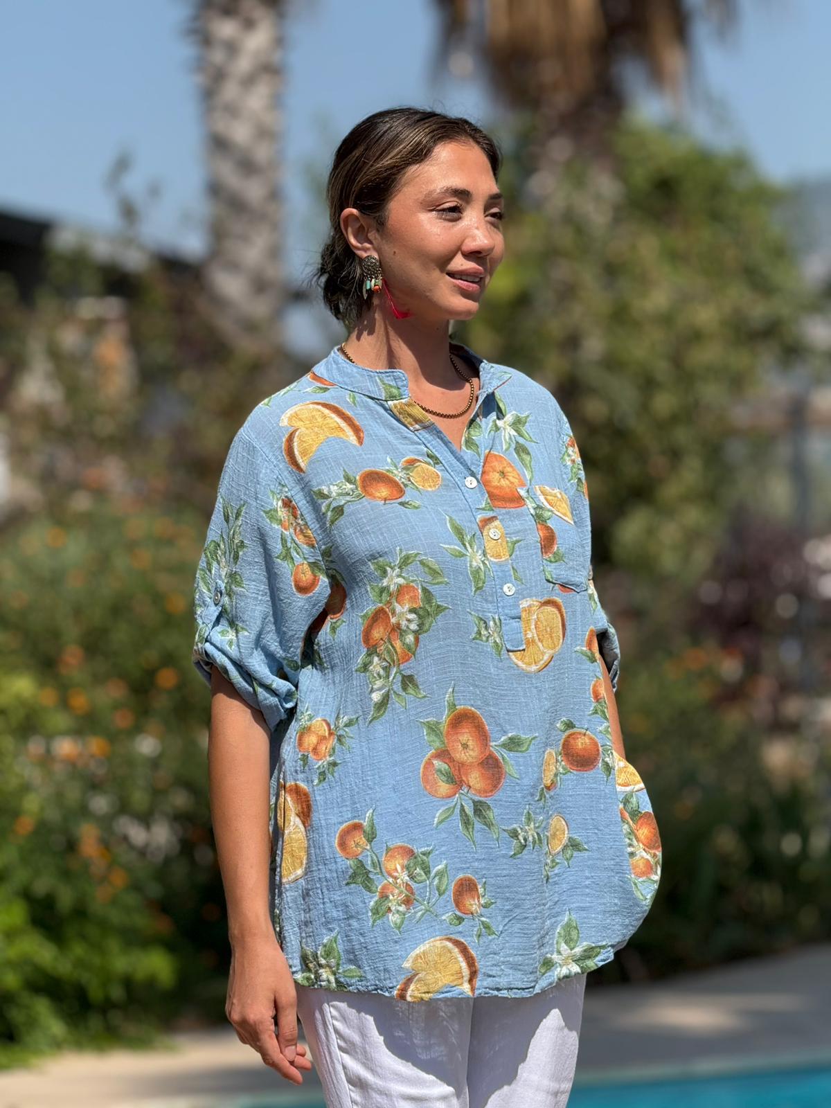 NC154553 İtalyan Pamuk Keten Bluz Mavi