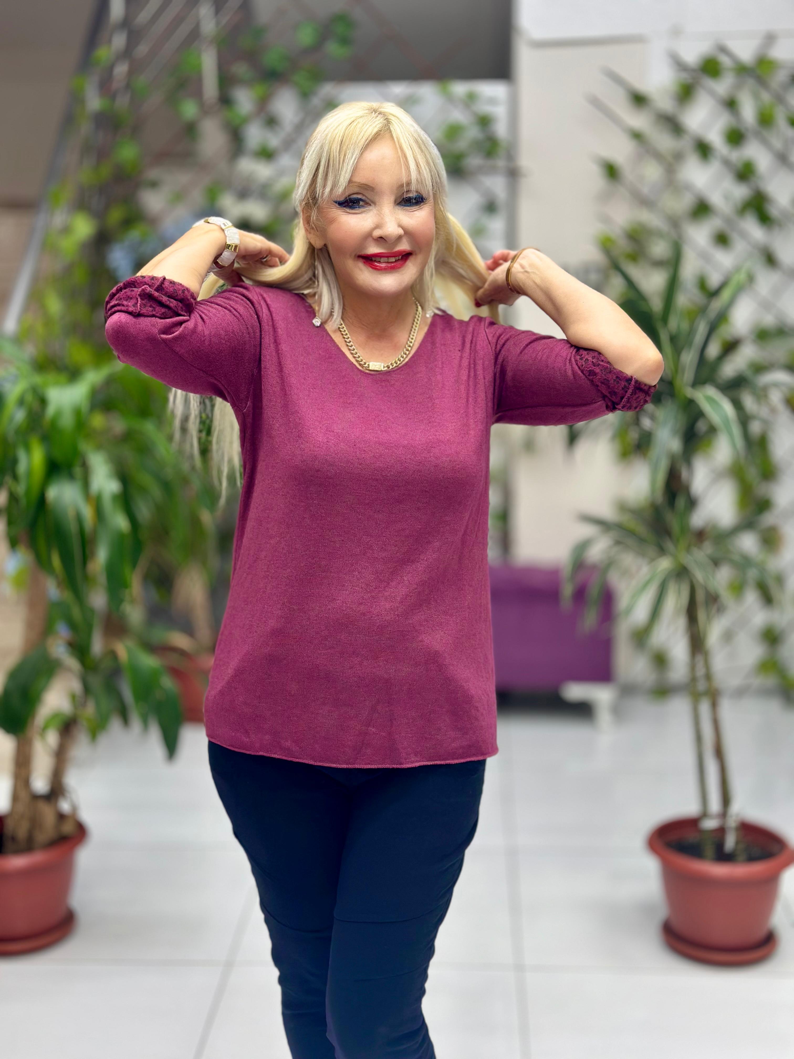 NC218181 İçi Leoparlı Yuvarlak Yaka Triko Büyük Kalıp Bluz Vişne