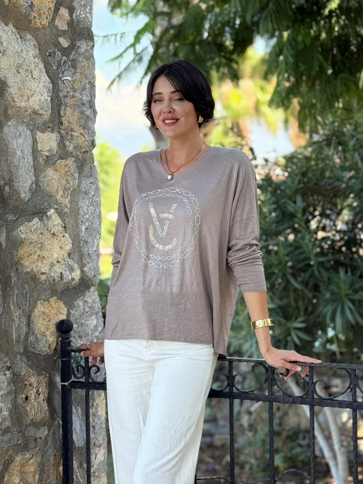FXLS82681 İtalyan Taş Baskılı Triko Bluz Vizon