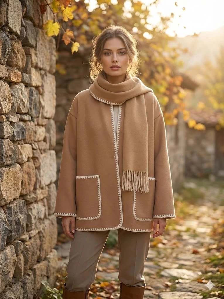 NC27786 Oya İşlemeli Atkılı İnce Kaşe Hırka Camel