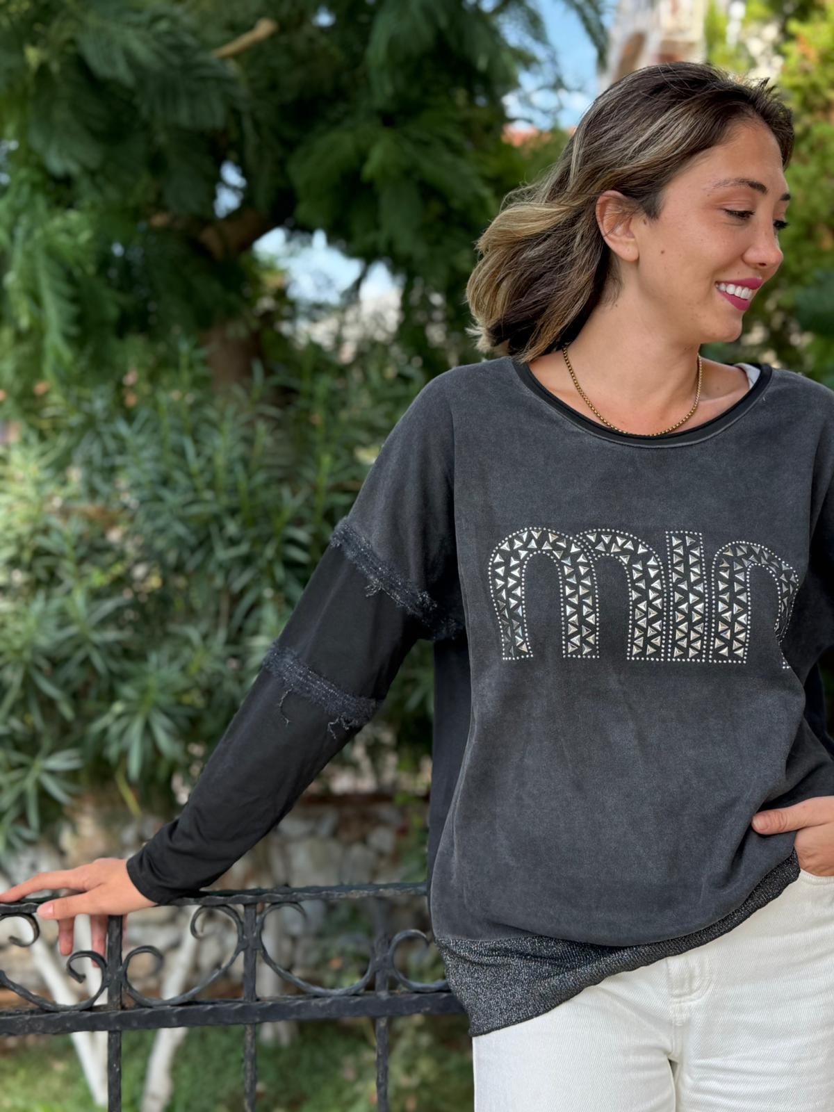 NC53659C İtalyan MIN Taşlı Coton Sweatshirt Siyah