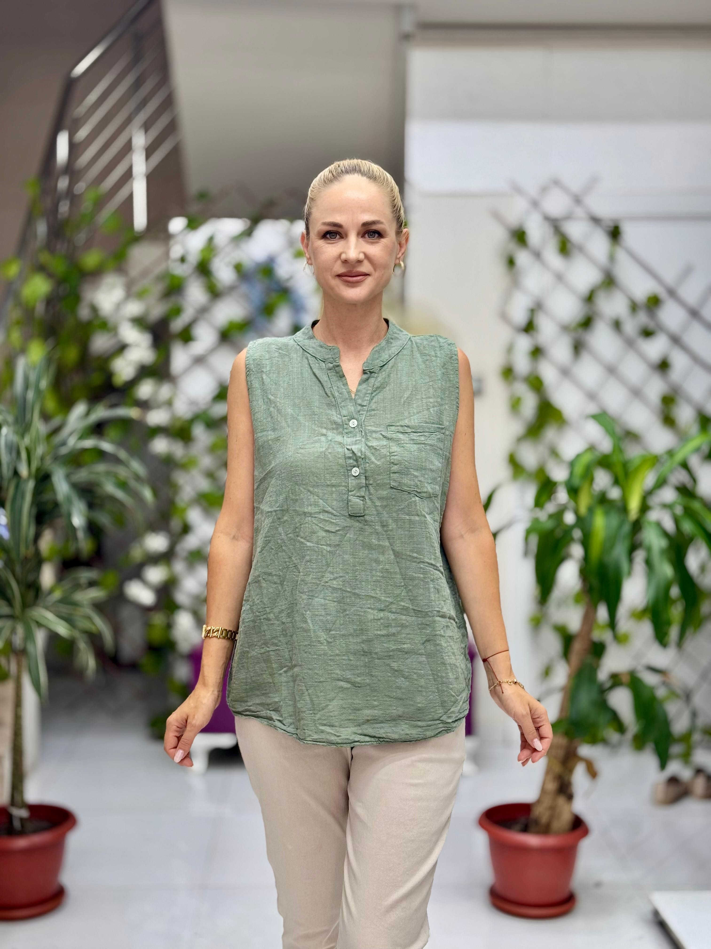 LS8819E Kolsuz Pamukketen Cepli İtalyan Bluz Haki