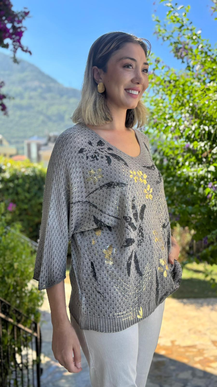 LS7514 İtalyan Yaprak Desen Triko Bluz Vizon