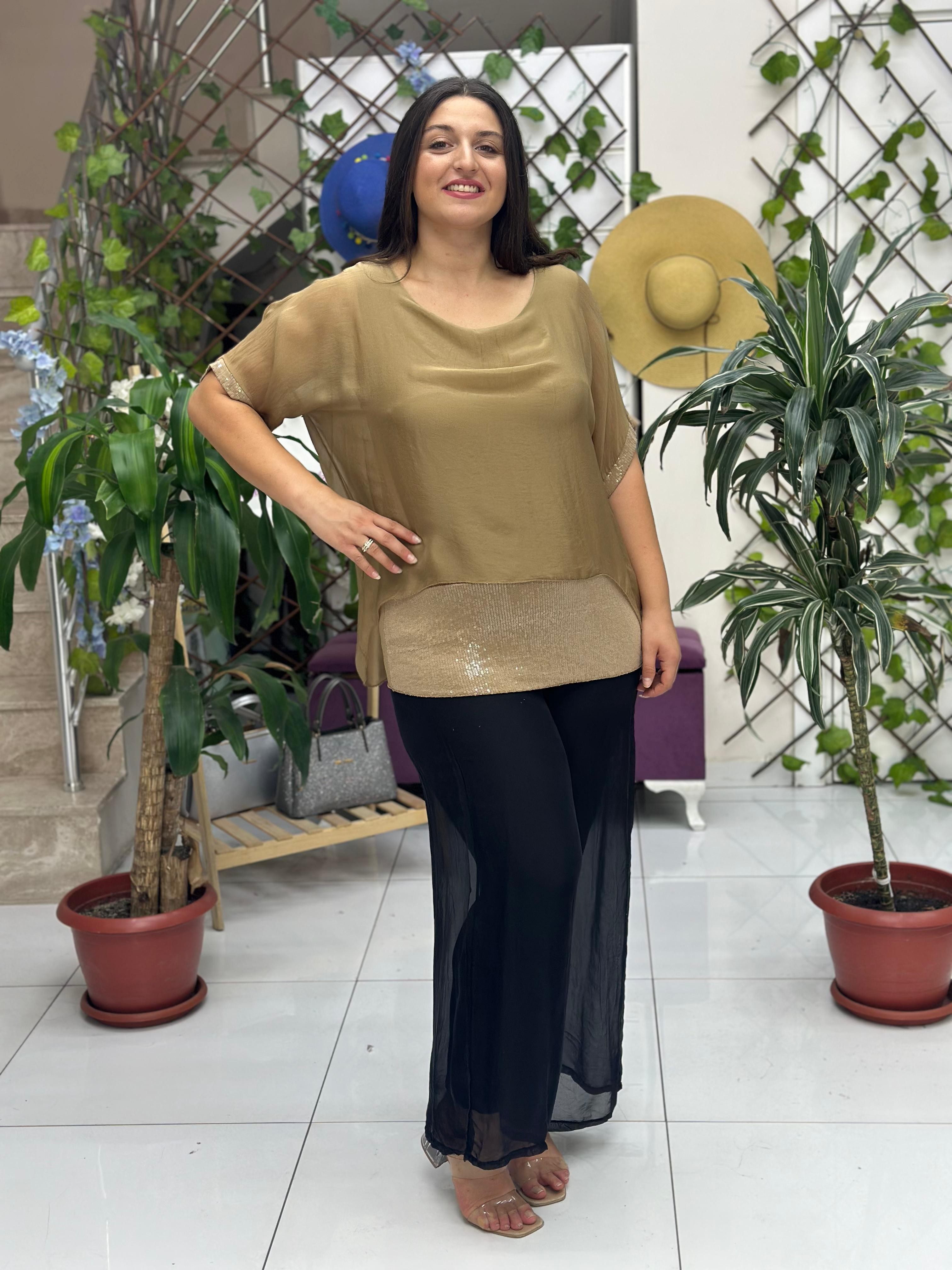 NC24841 İtalyan Pul Payetli İpek Bluz Camel