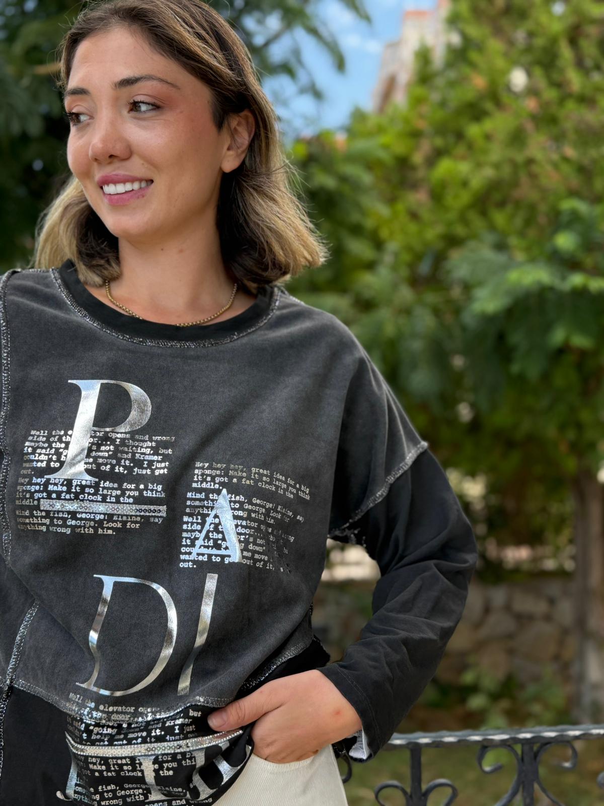 NC8533 İtalyan PADİ Yazılı Coton Sweatshirt Füme