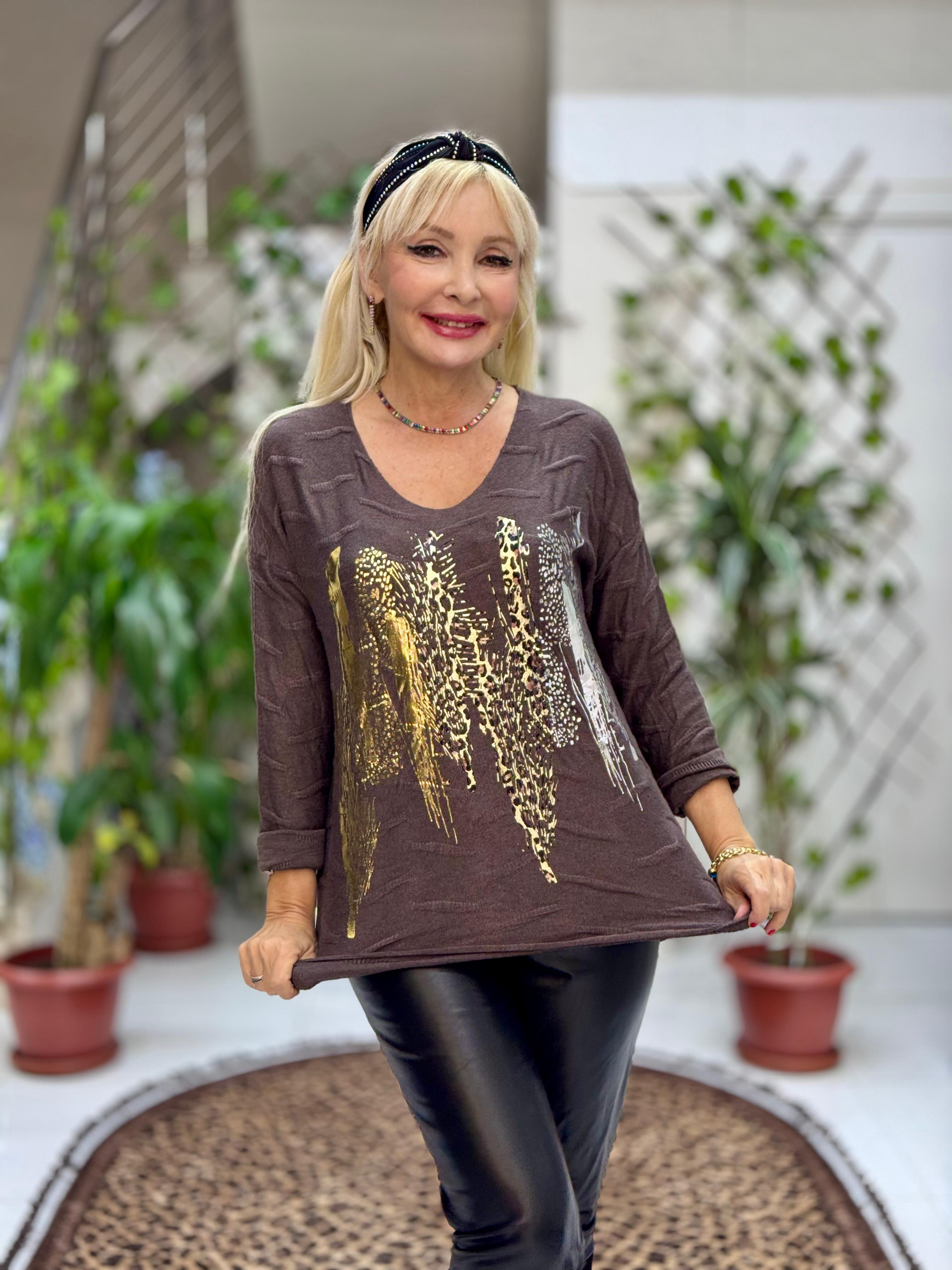 YG11716 Leopar Baskılı Kendinden Desenli İtalyan Triko Bluz Kahverengi