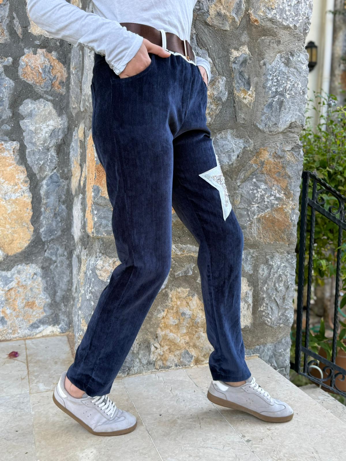 LS12520 İtalyan Yıldız Taşlı Kadife Pantolon Lacivert