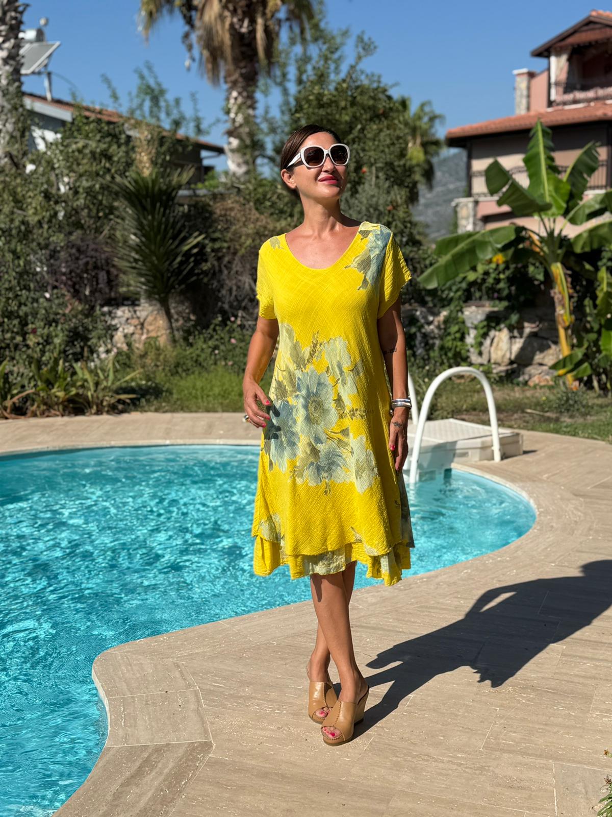 NC50121 İtalyan Kısa Kol Pamuk Keten Elbise Sarı