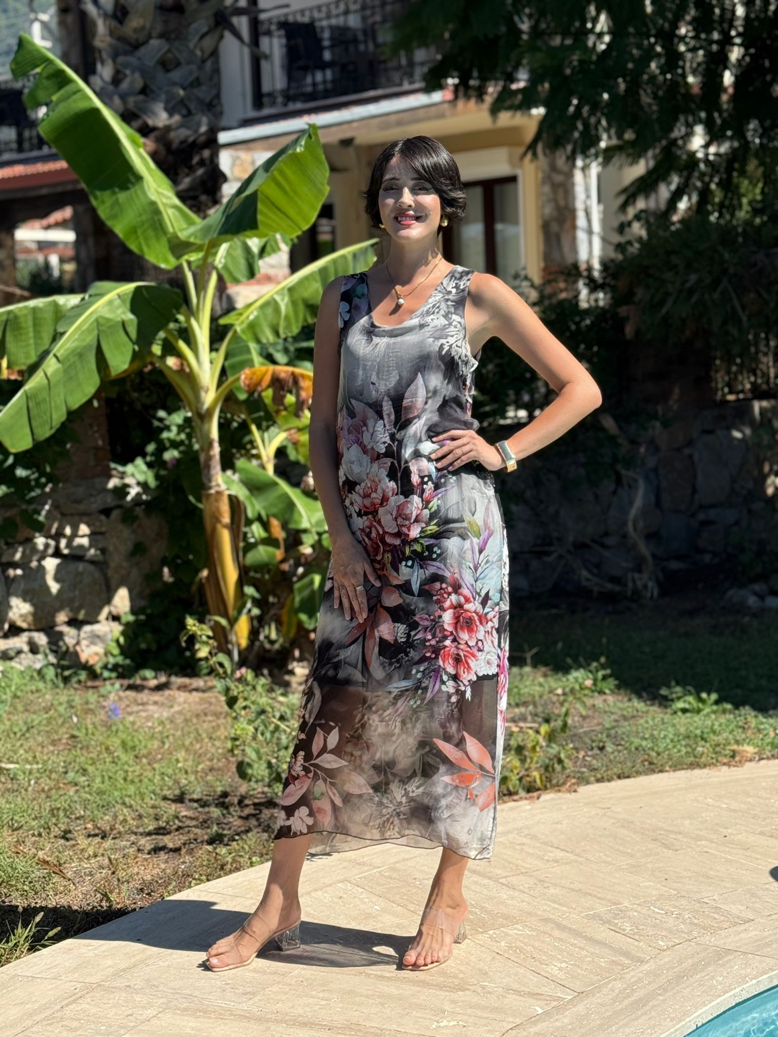 YG20641 İtalyan Çiçekli Askılı İpek Elbise Siyah