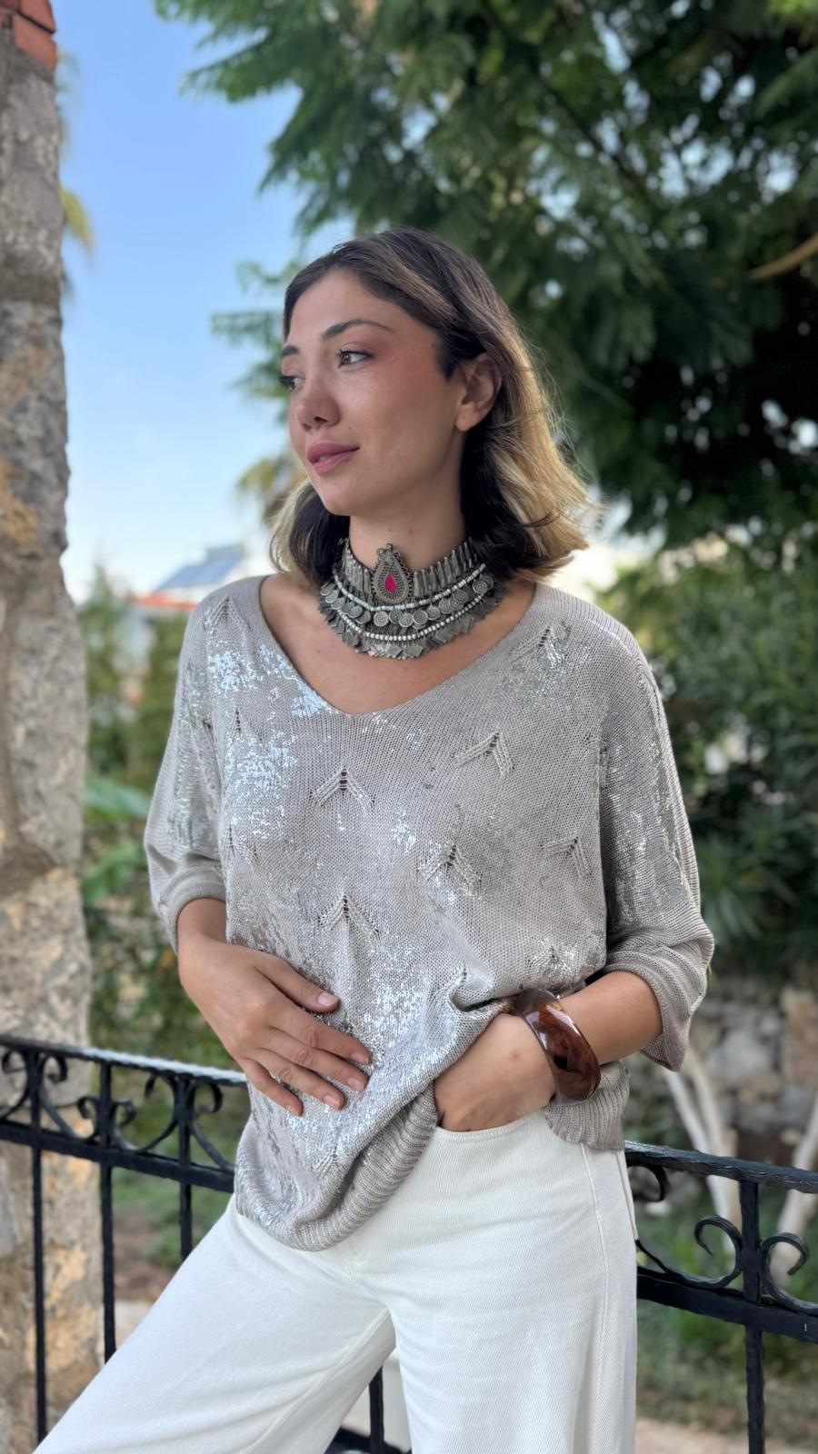 NC6016 İtalyan Fakir Kol Baskılı İnce Triko Bluz Taş